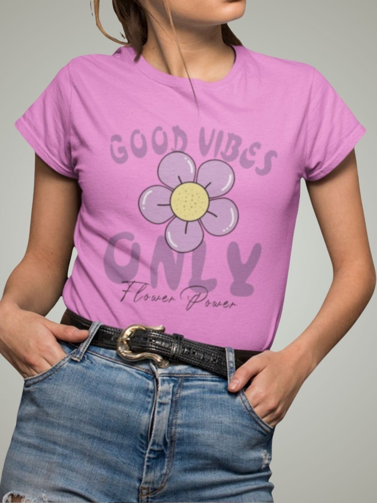 Camiseta Básica Feminina Flor Good Vibes Only Rosa