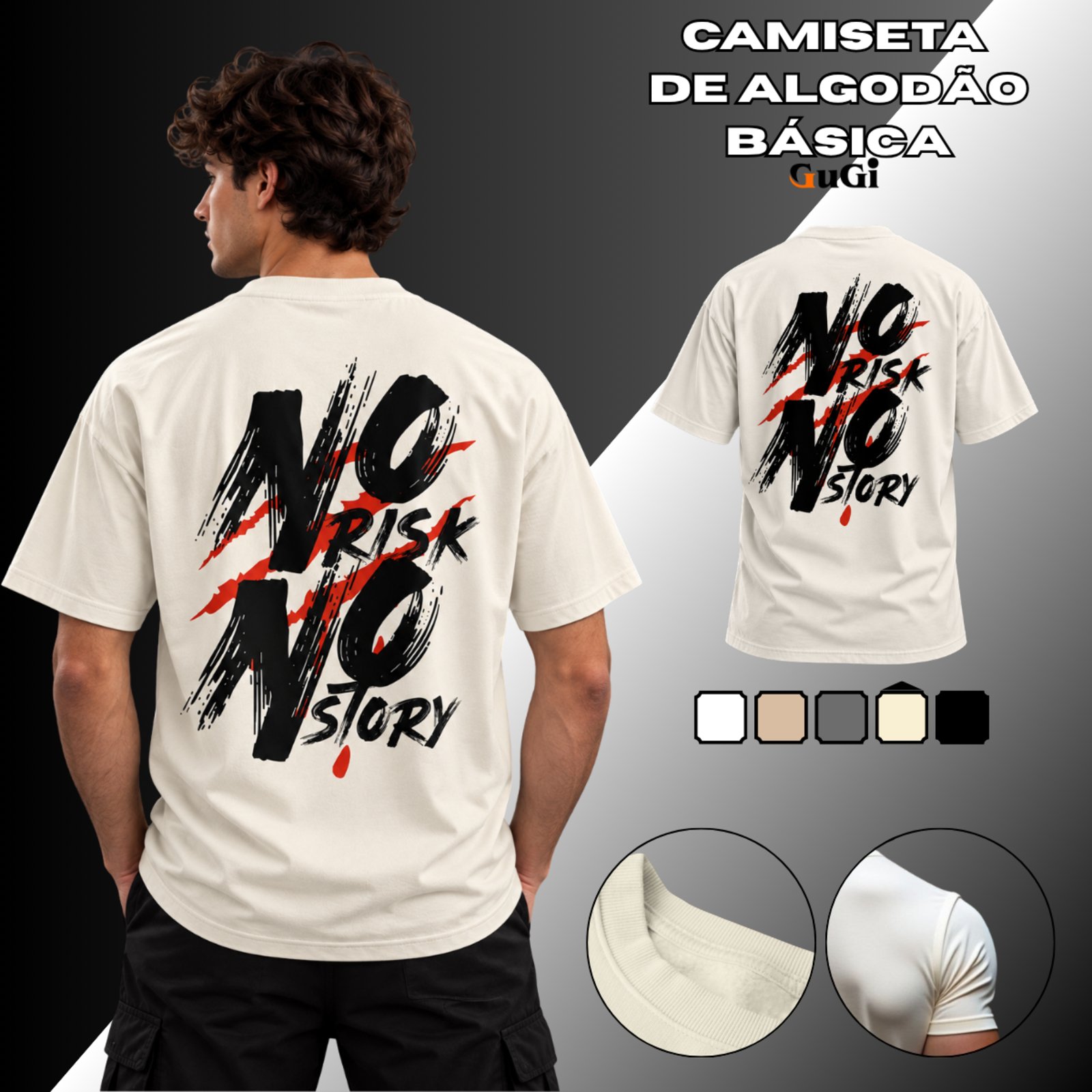 Camiseta Masculina No Risk No Story 100% Algodão 30.1 Off White