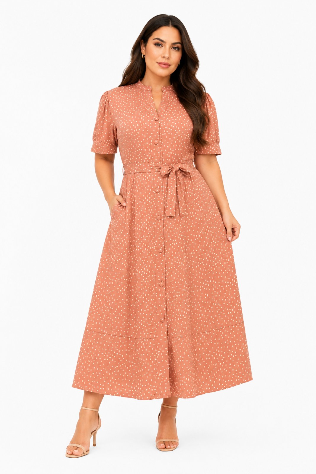 Vestido Midi D Bell Outlet Fashion Poá Viscolinho Salmão