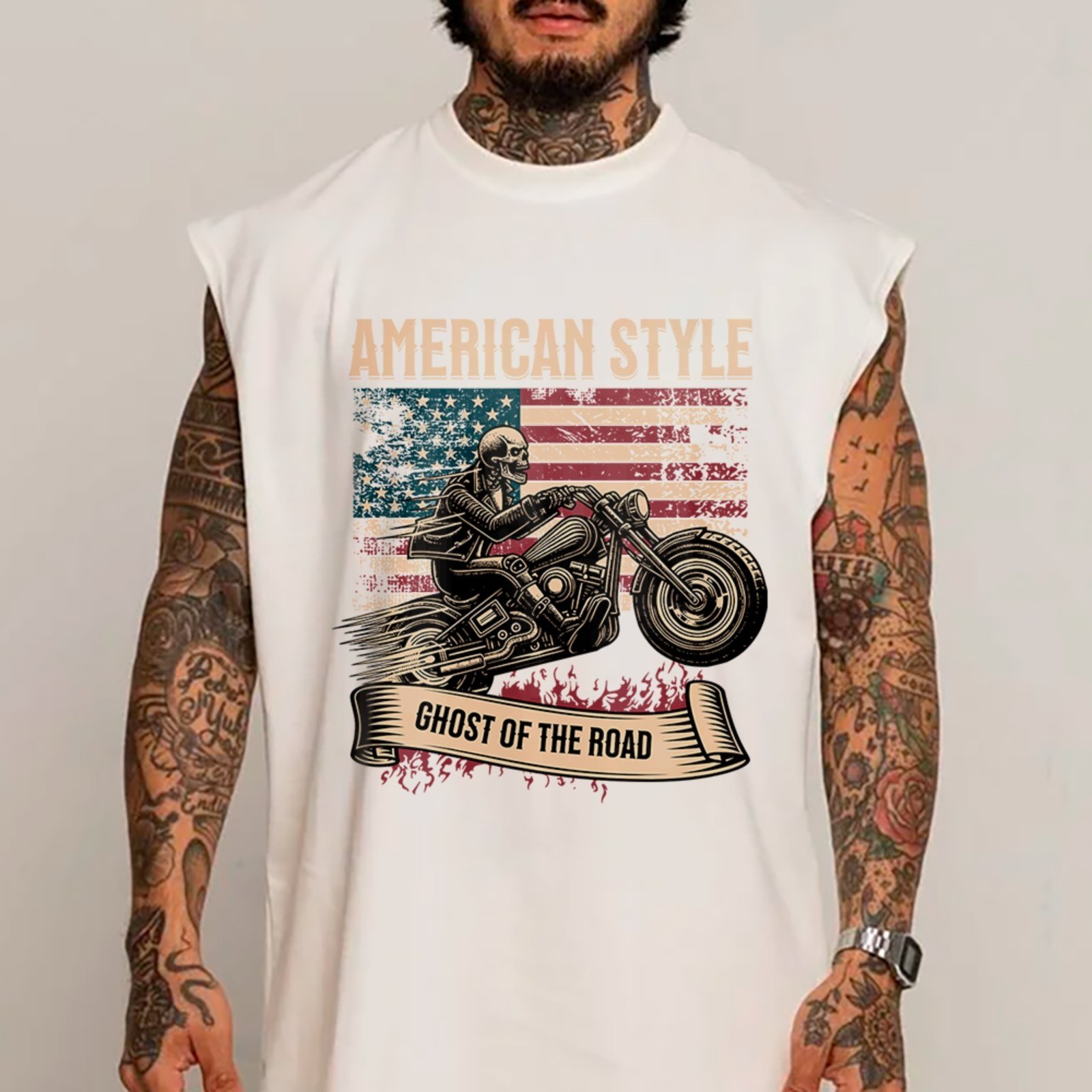 Camiseta Regata Machão American Style Moto Skull Rider Branco