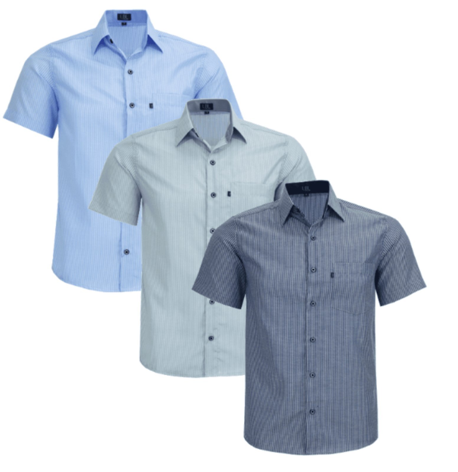 Kit 3 Camisas Sociais LBL Listrada Comfort Não amassa Com bolso Lançamento Marinho/Azul/Cinza