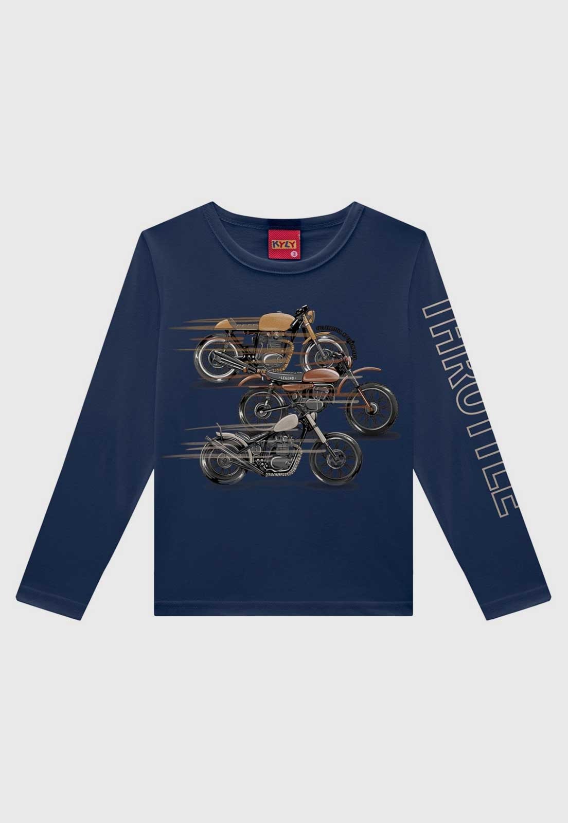 Infantil - Camiseta Kyly Estampa Motos Azul Escuro
