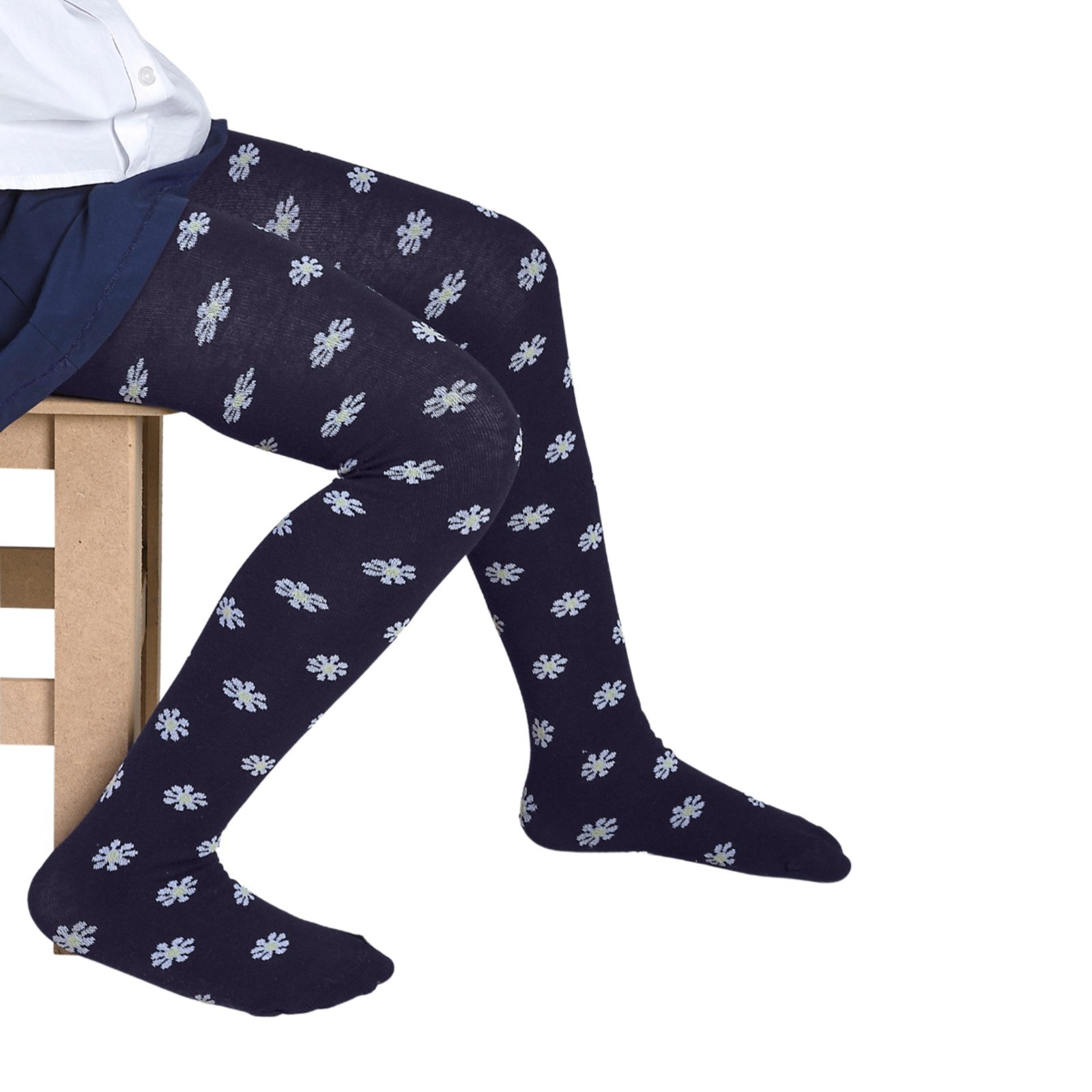 Vista 3 Meia Calça Preta Estampada Margaridas Angipé preto Angipé preto