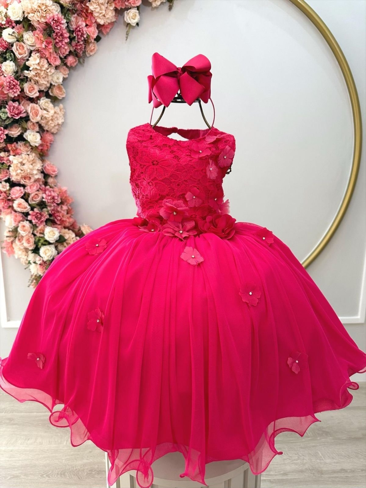 Infantil - Vestido Festa Rosa Pink Fucsia Flores Formatura Florista Casamento Renda Dama Daminha Social Menina Juvenil Pérolas Princesa Rodado Aniversário Luxo