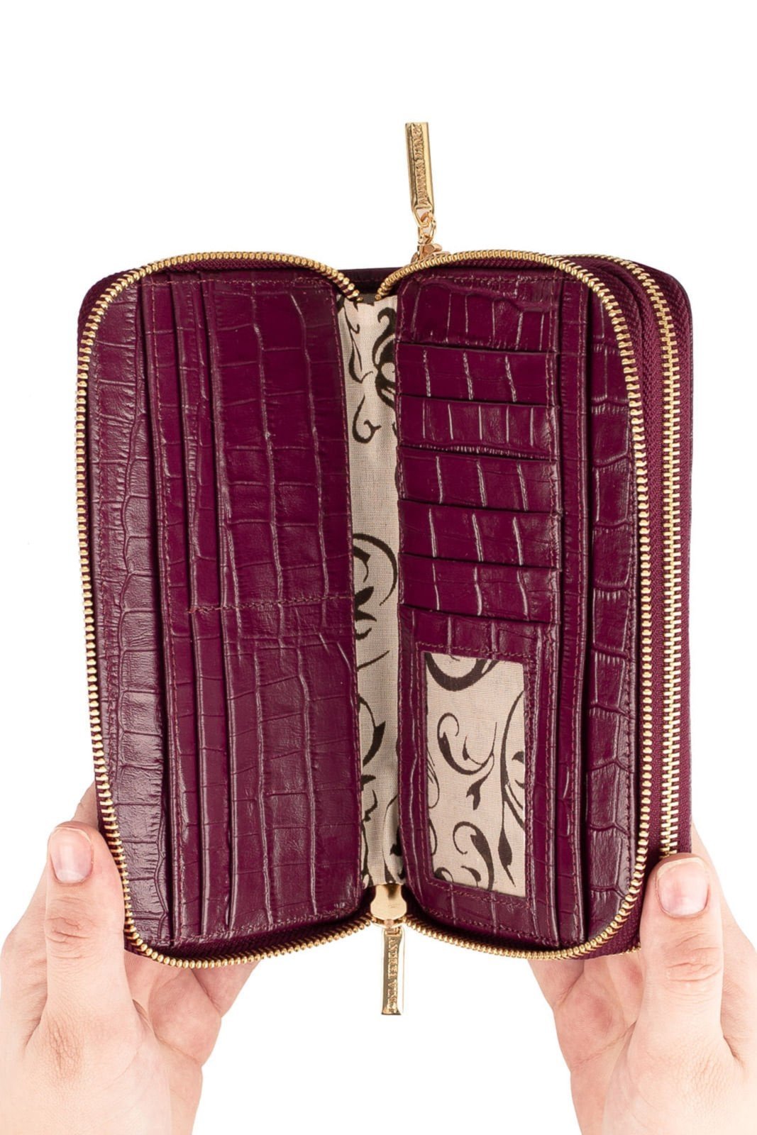 Vista 3 Carteira feminina de couro croco Tinna 10x19cm - Merlot Andrea Vinci vermelho Andrea Vinci vermelho
