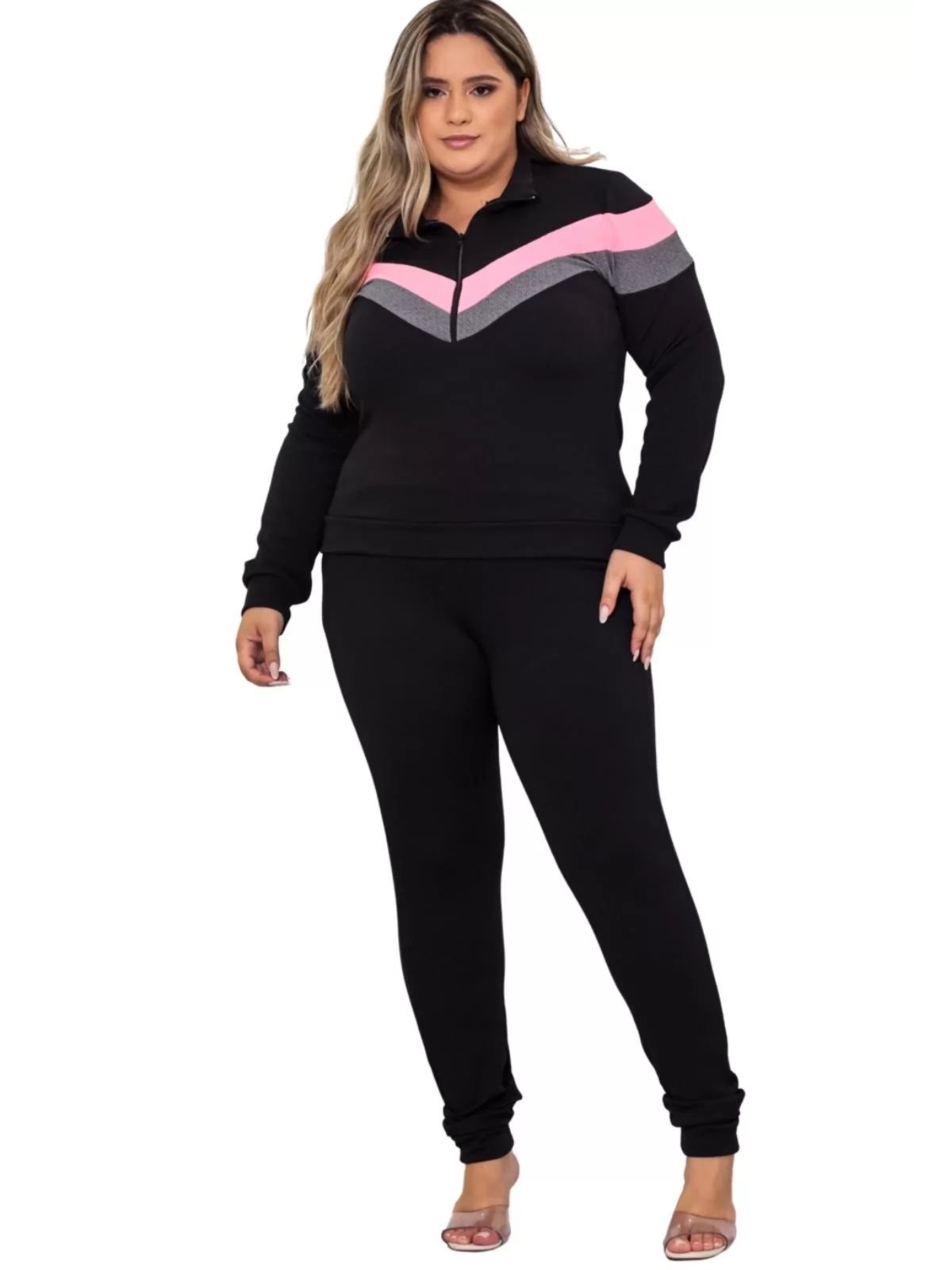 Conjunto Summer Body Plus Size Quentinho Blusa Frio Calça Malha Crepe Preto