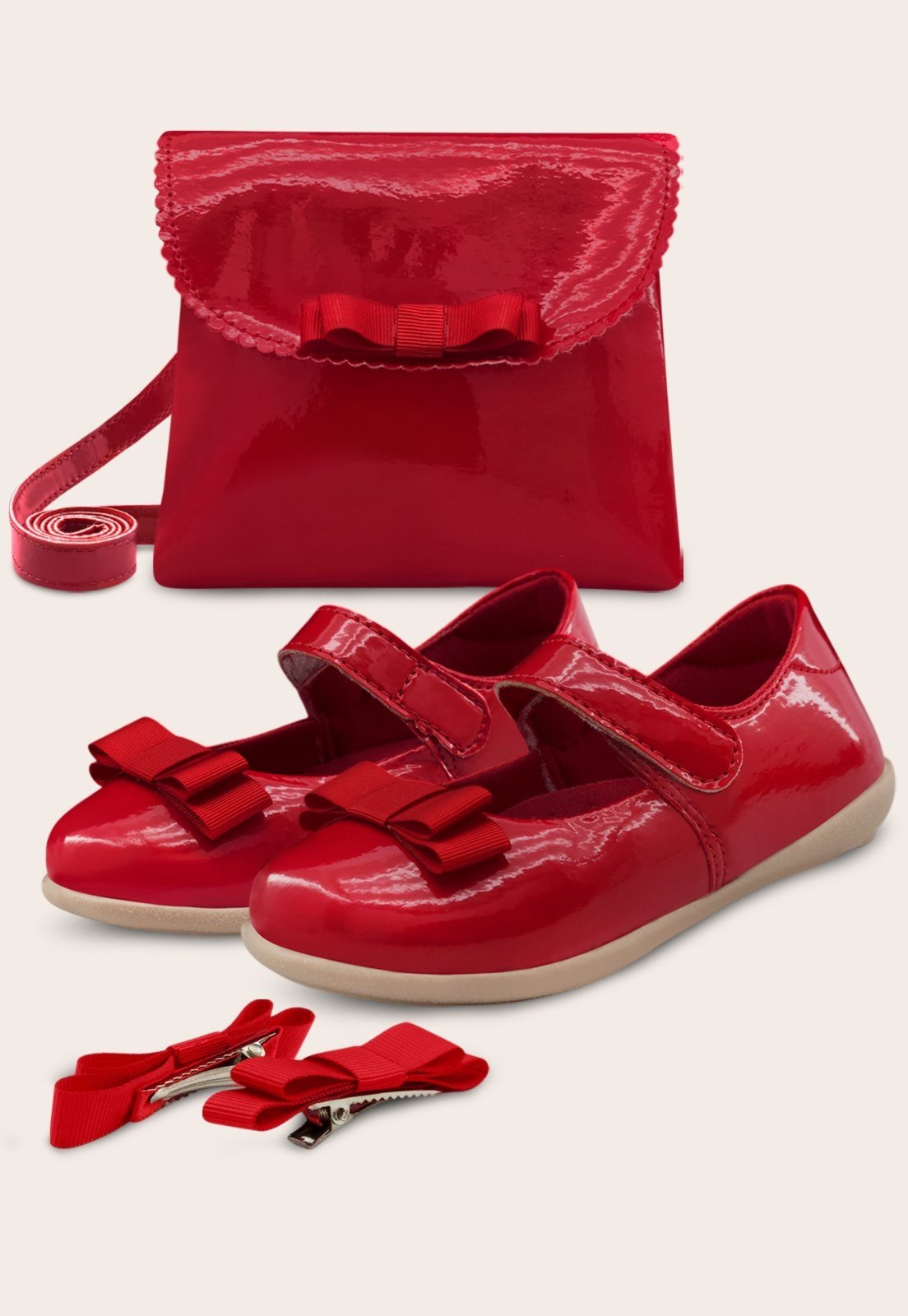 Kit Sapatilha Com Bolsa E Presilha Laço Vermelha Mzkid