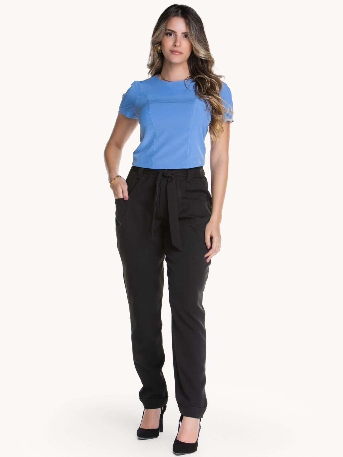CALÇA FEMININA COM ELÁSTICO E FAIXA Preto