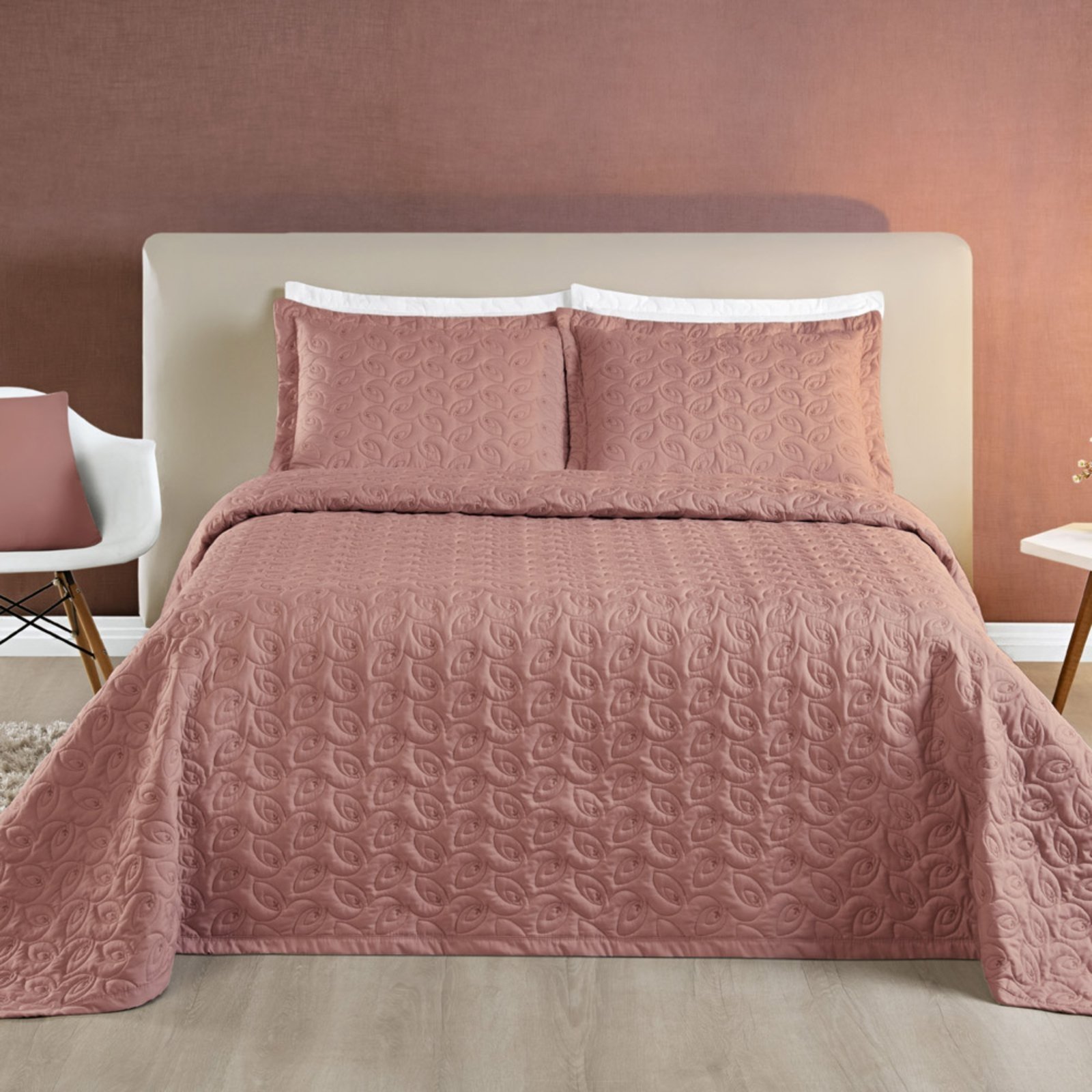 Kit Cobre Leito Colcha Casa Scarpa Desirée Casal Bordado Micropercal 200 Fios 3 Peças - Rosê