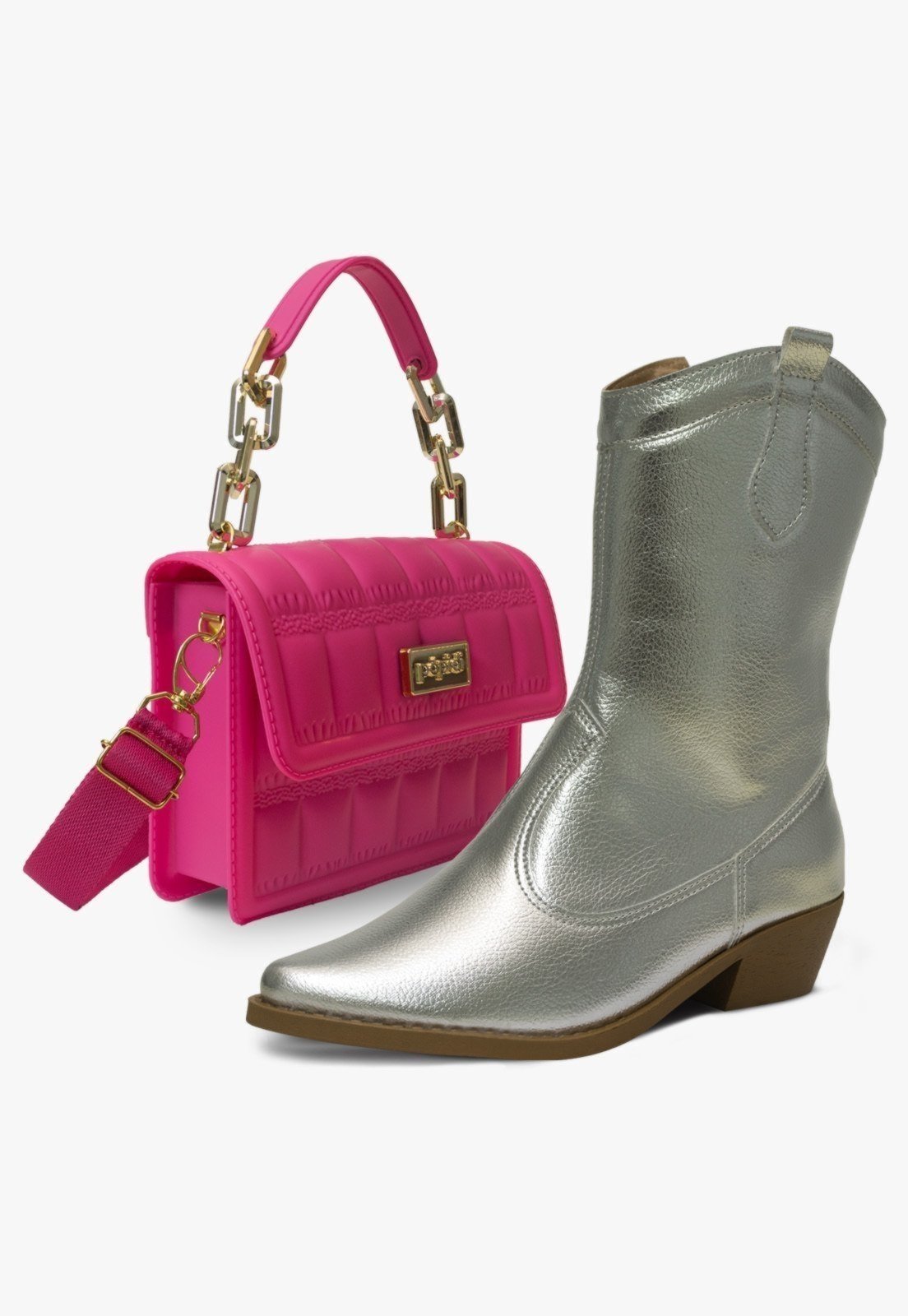 Infantil - Kit Bota Texana Country com Bolsa Feminina Pópidi Prata e Pink