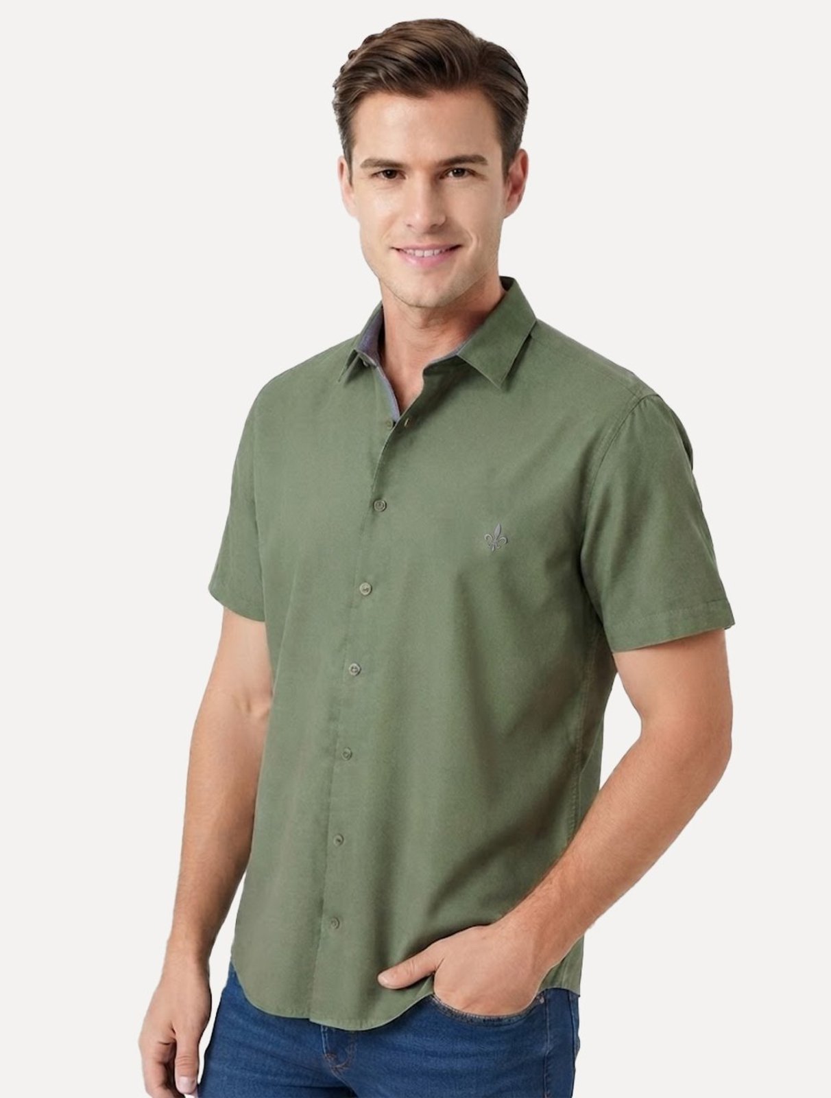 Camisa Dudalina Masculina Manga Curta Comfort Superfine Cotton Mono Logo Lisa Verde Claro