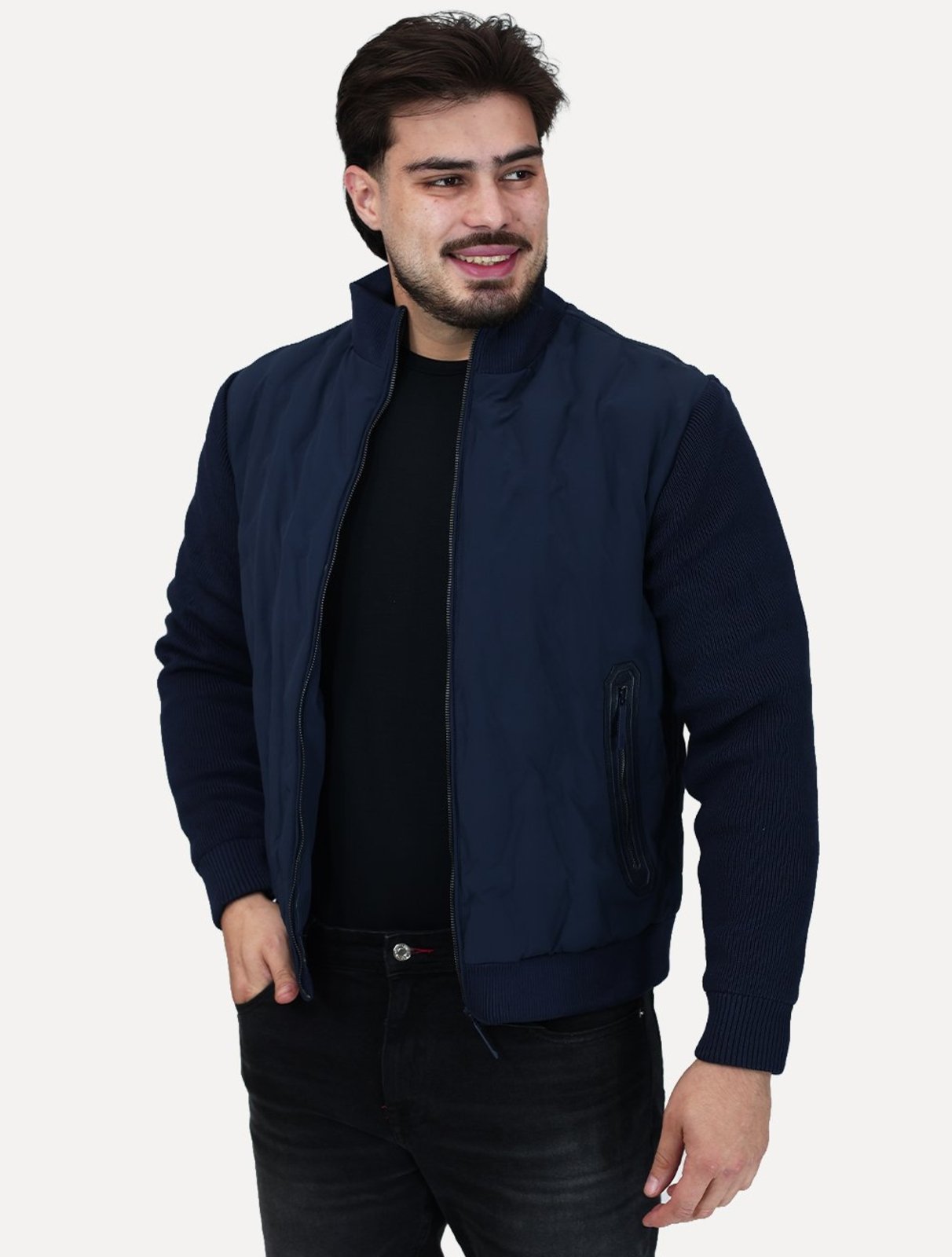 Jaqueta Masculina Nylon Manga Ribana Pocket Zip Azul Marinho