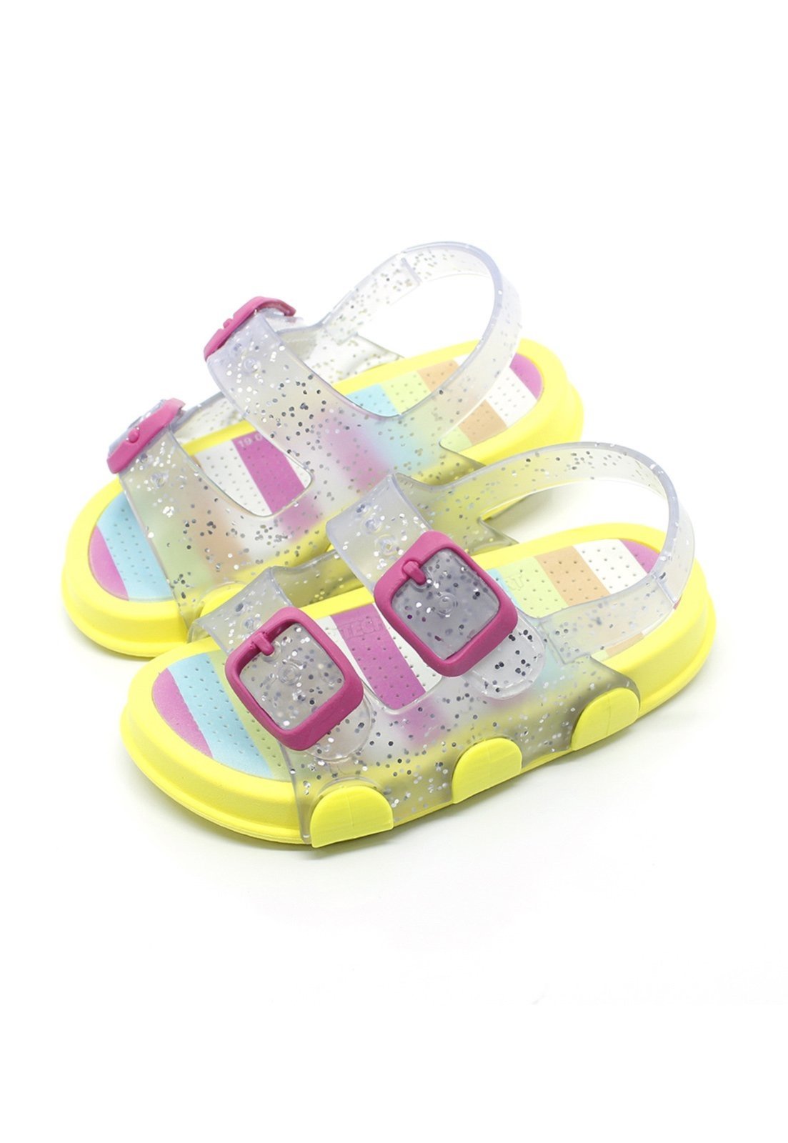 Infantil – Sandália Papete Plugt Menina Transparente Listras Glitter Amarelo Neon E Pink