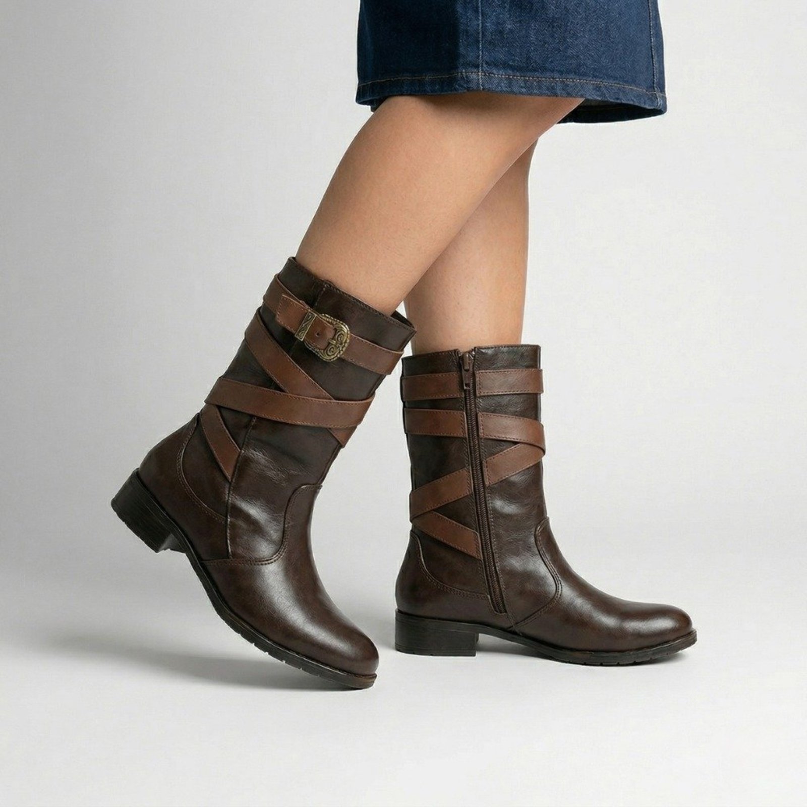 Bota Feminina Montaria Cano Médio Inverno Couro Salto 3cm Café