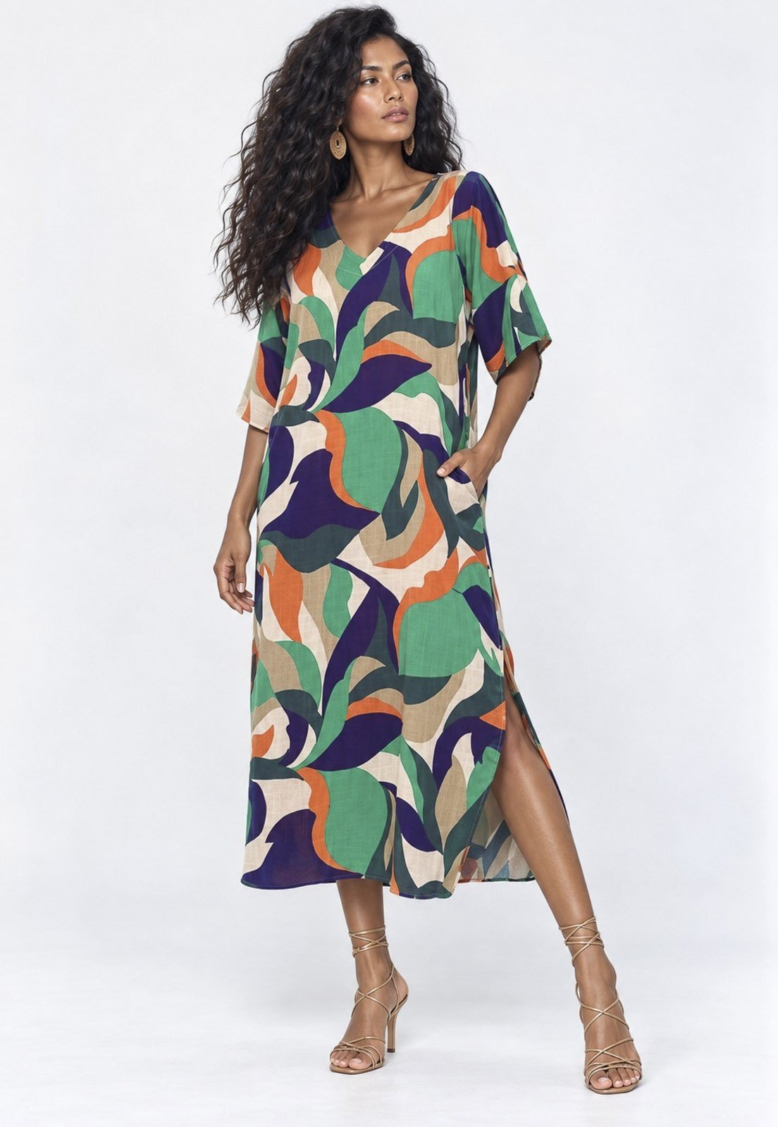 Vestido Amazonia Vital Midi Abapá Malha com Bolso Estampa Brisa do Mar