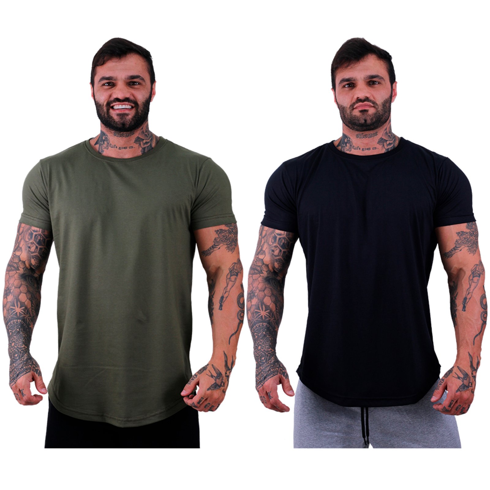 Kit 2 Camiseta Longline Masculina MXD Conceito para Academia e Casual Slim Verde Militar e Preto
