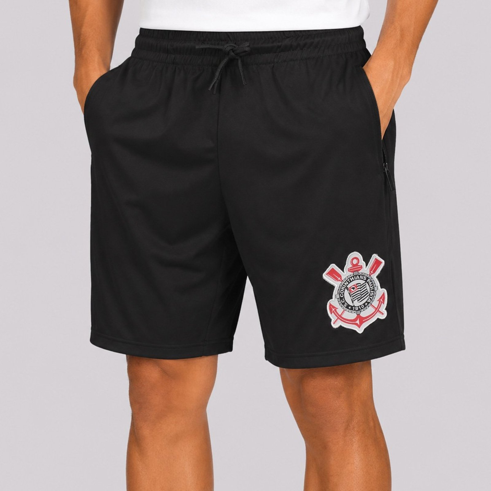 Shorts Corinthians Distintivo com Zíper Preto