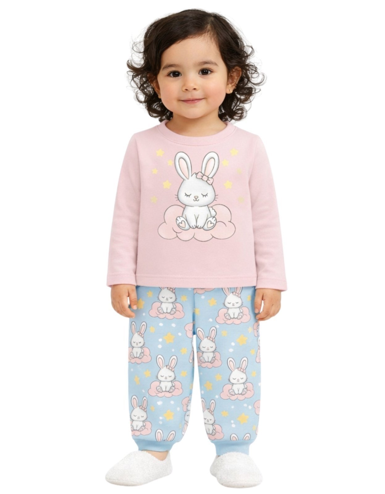 Vista 2 Pijama 2pçs Manga Longa e Calça Kyly Coelho rosa Kyly rosa