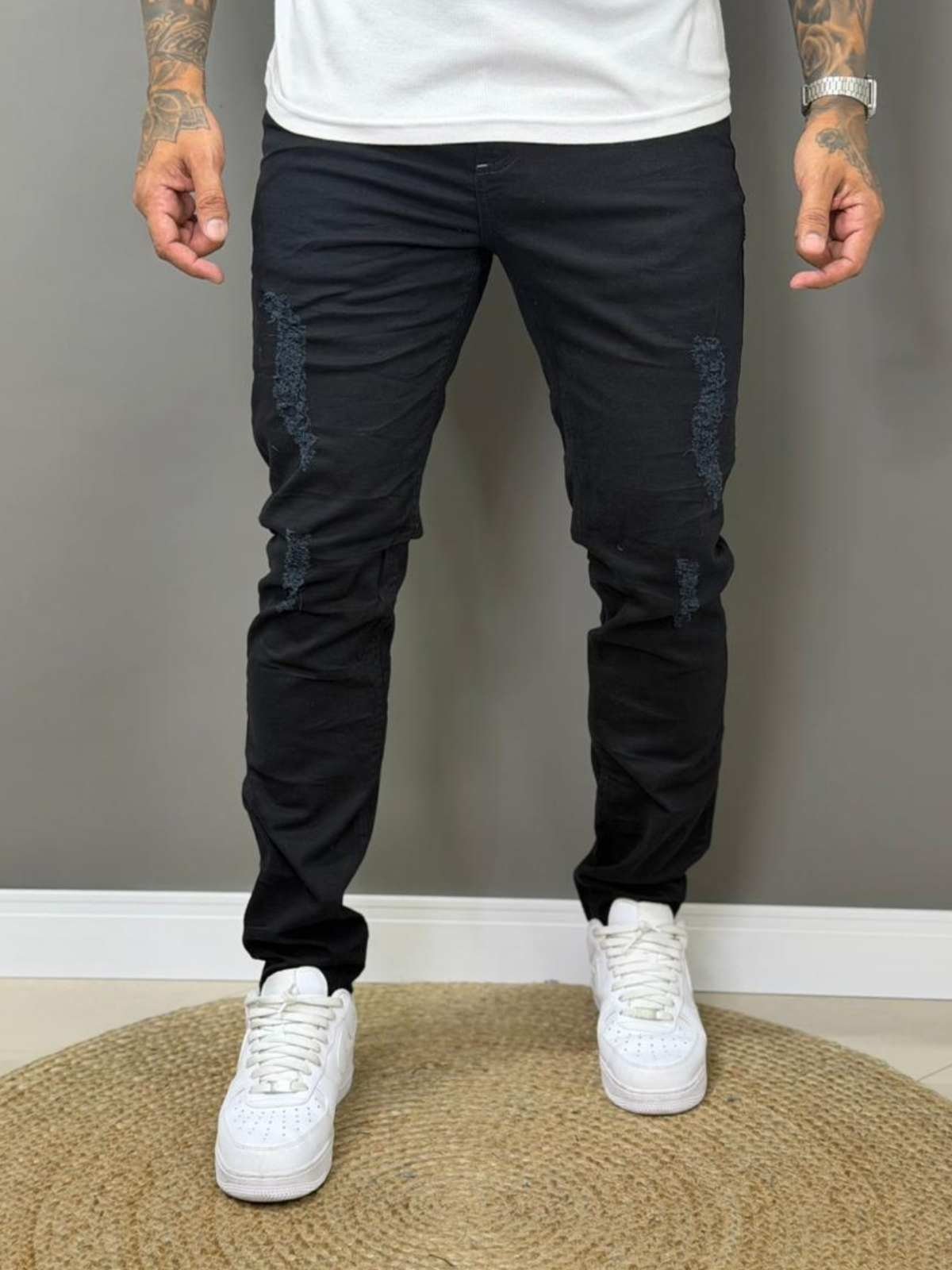 Calça Sarja Masculina Skinny Destroyed Preta Stretch Conforto Casual Premium