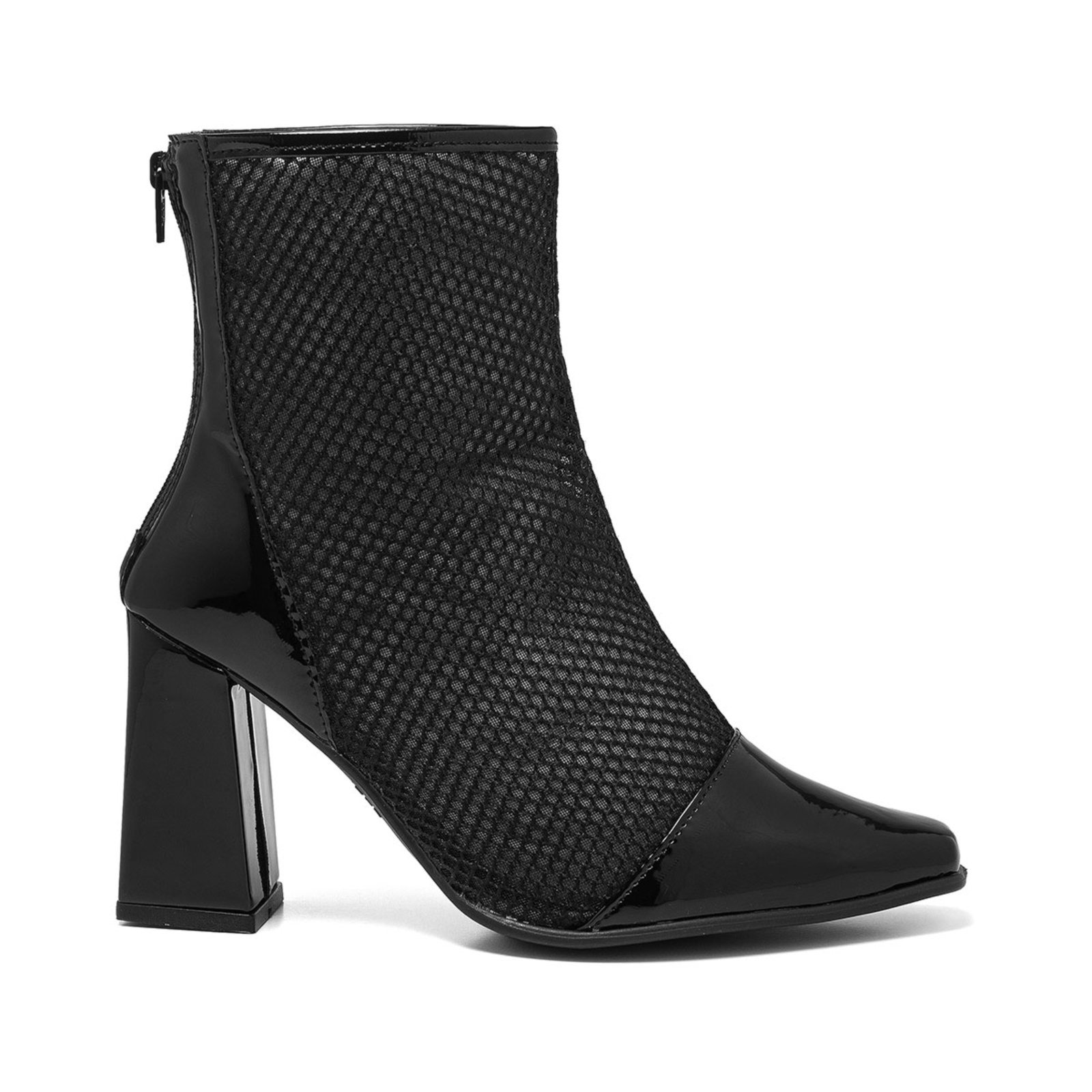 Bota Feminina Stessy Shoes Tela Cano Curto Bico Quadrado Confortável Verniz Preto