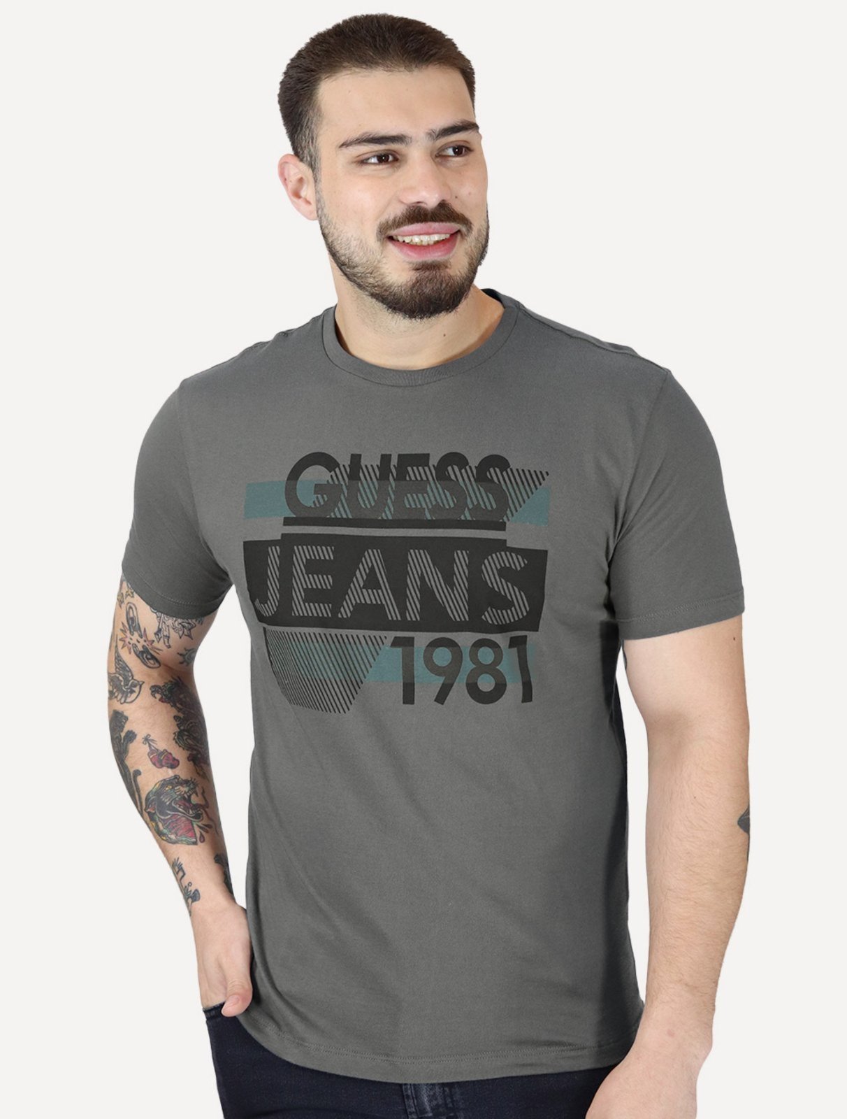 Camiseta Guess Masculina Silk Logo Scratchs Grafite