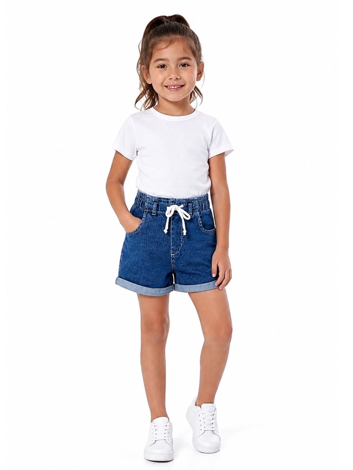 Vista 2 Infantil - Shorts Jeans Crawling Feminino Jogger Azul c/ Cordão jeans azul Crawling jeans azul