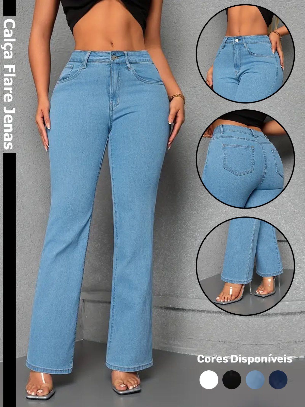 Calça Jeans Flare Feminina Safira Moda Boca de Sino Azul Médio