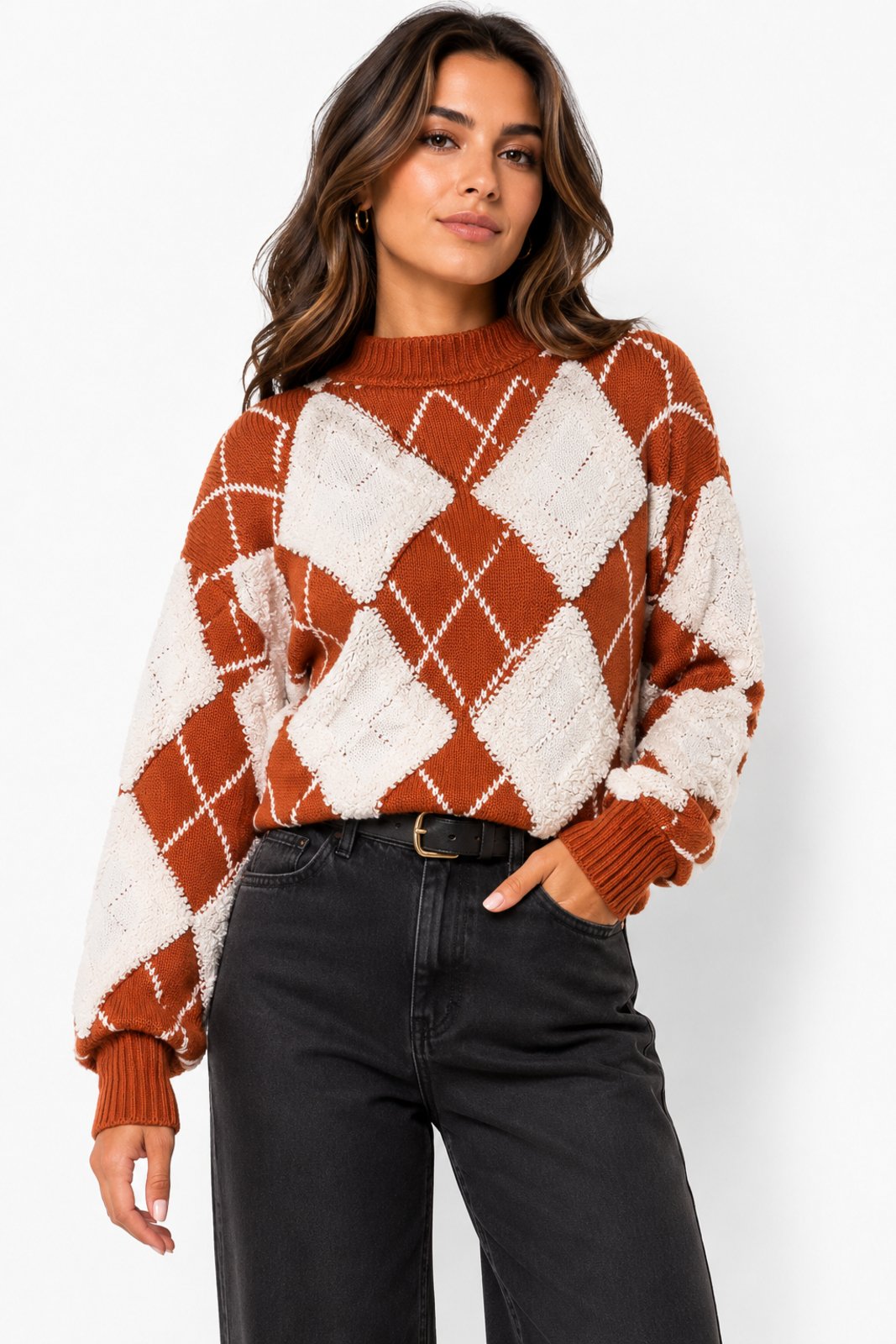 Blusa Tricôt D Bell Outlet Fashion Argyle Caramelo e Branco
