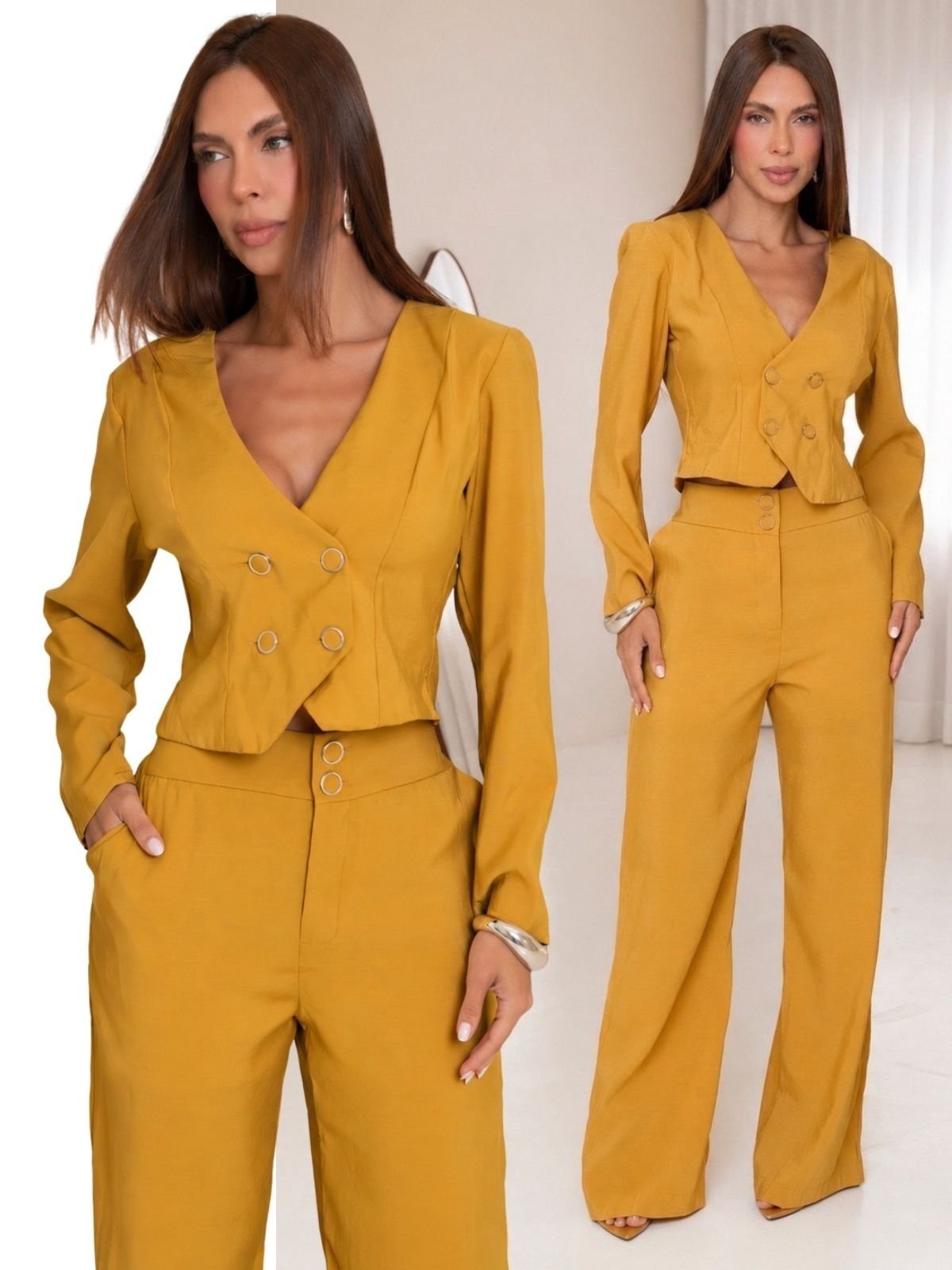 Conjunto Tropical Fashion Alfaiataria Blusa Colete e Calça Pantalona - Amarelo Moqueca