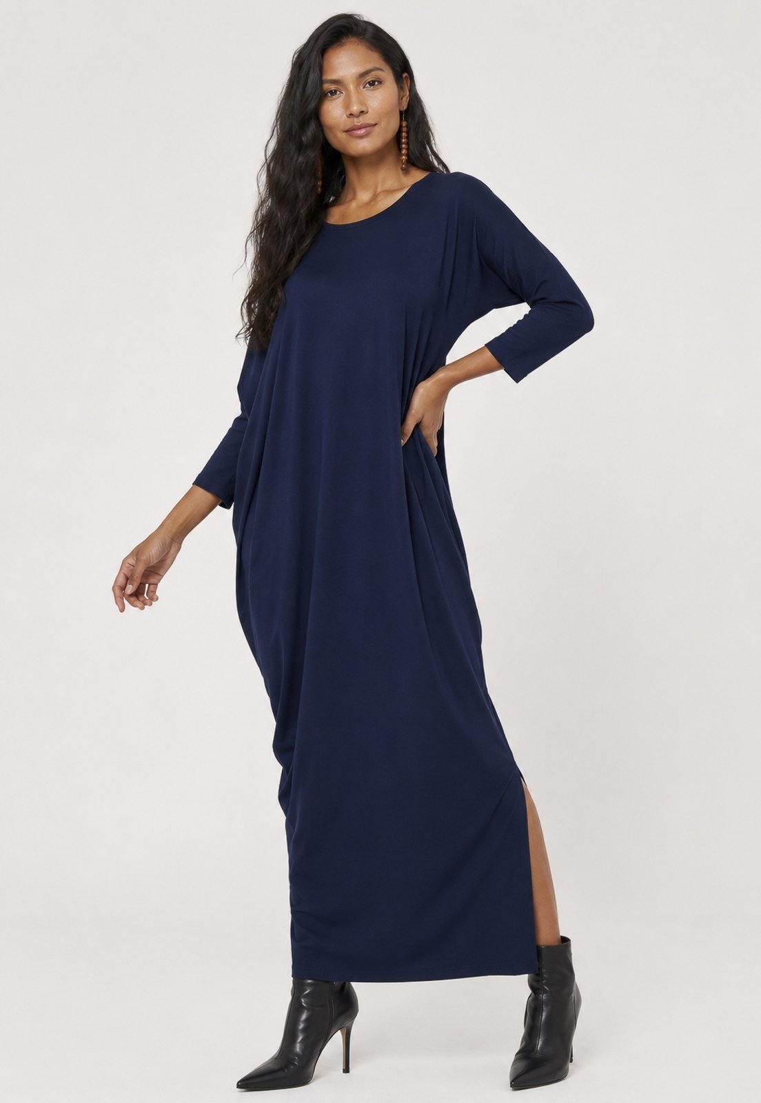 Vestido Longo Amazonia Vital Morcego Manga 3/4 Assimétrico Azul Marinho