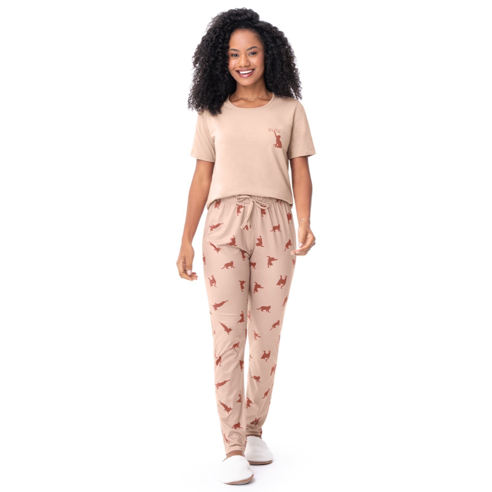 Pijama Blusa Manga Curta e Calça Estampa Gatos