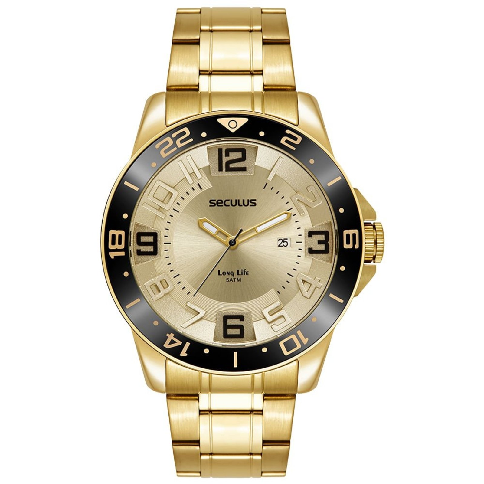Relógio Seculus Masculino Dourado Calendário Aro 3D Seculus