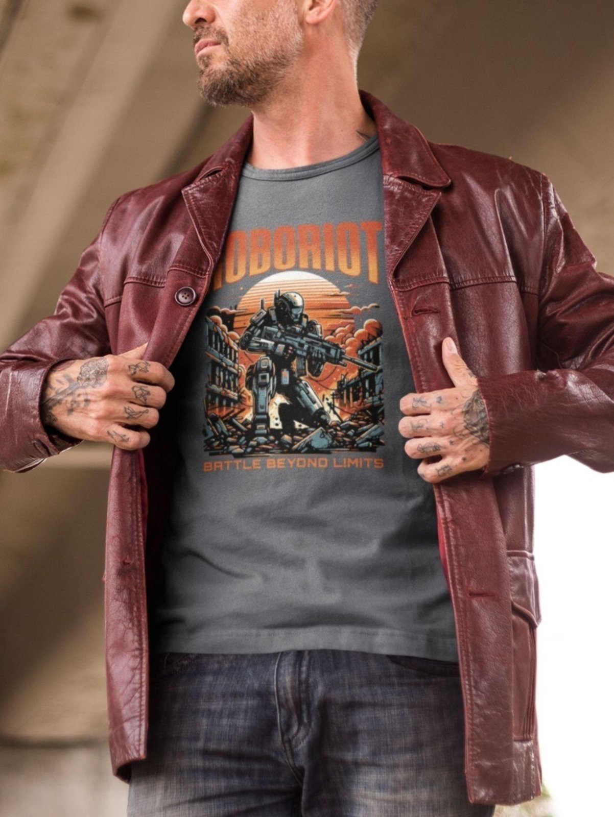Vista 3 Camiseta Básica Masculina GuGi Roboriot Scifi Revolução Das Maquinas Exterminador Do Futuro Chumbo cinza Gugi cinza