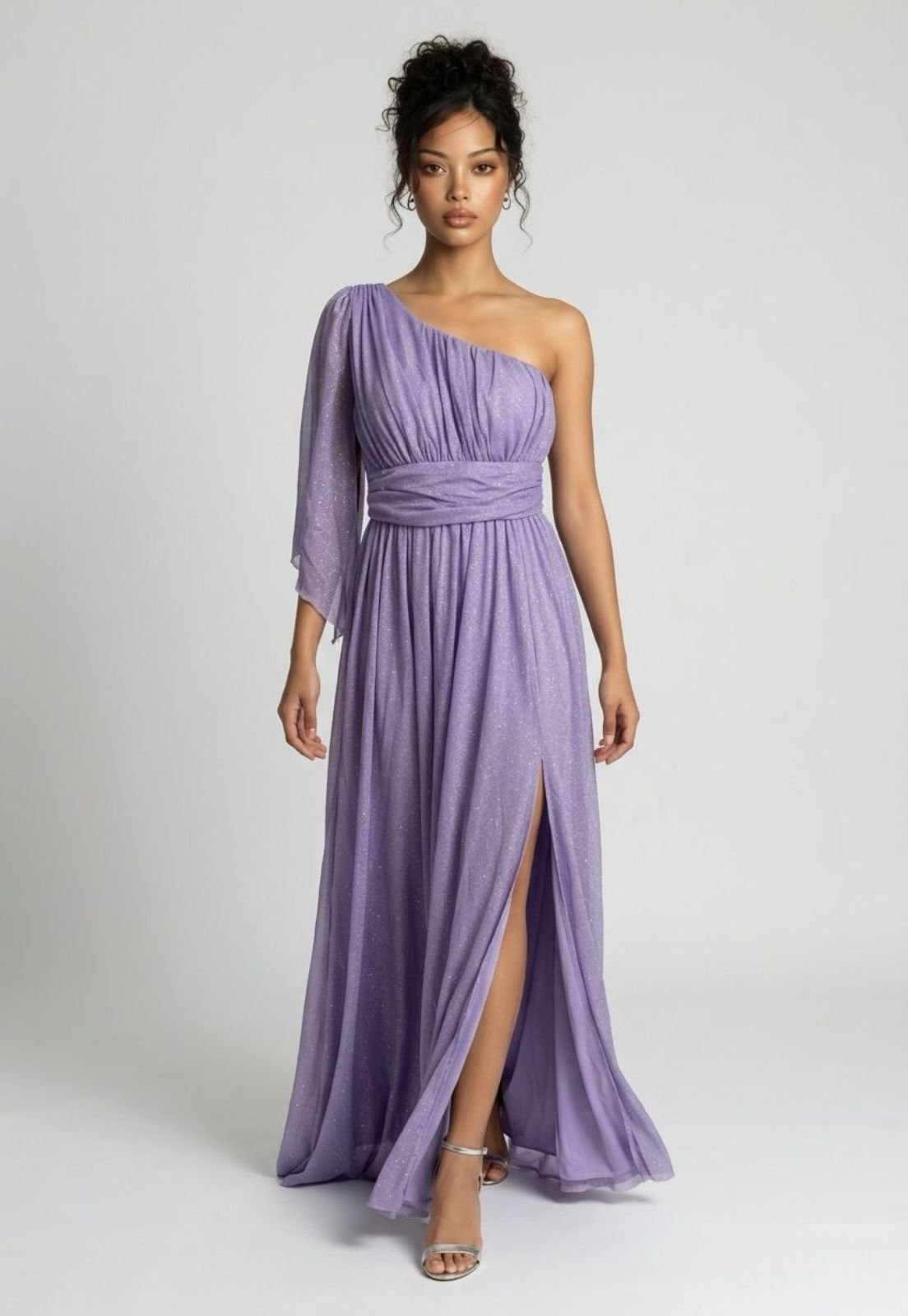Vestido Feminino 77VS Levosch Longo Tule Brilhoso Ombro Capa Lilás
