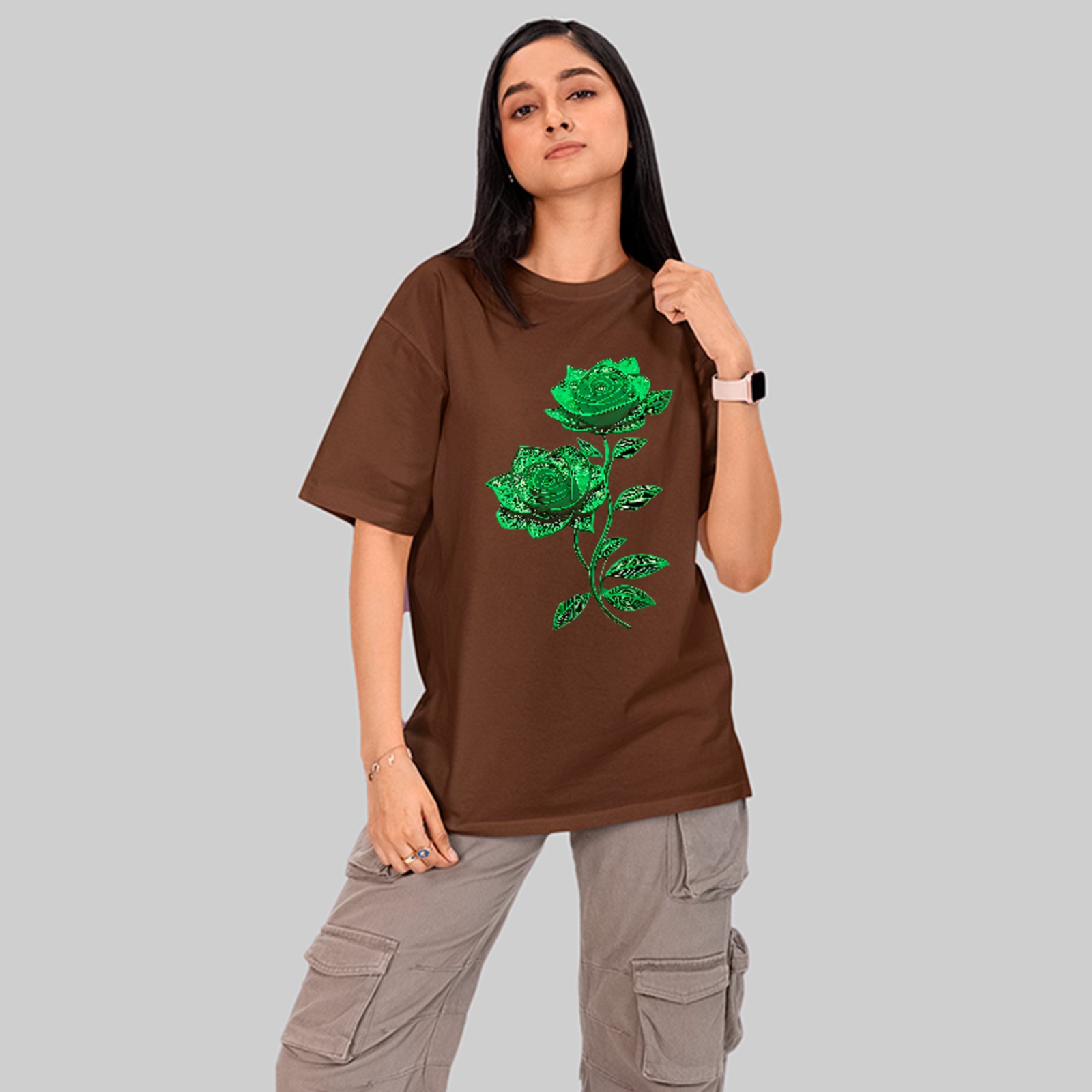 Camiseta Oversized Floral Verde Delicada Chic Unissex Marrom
