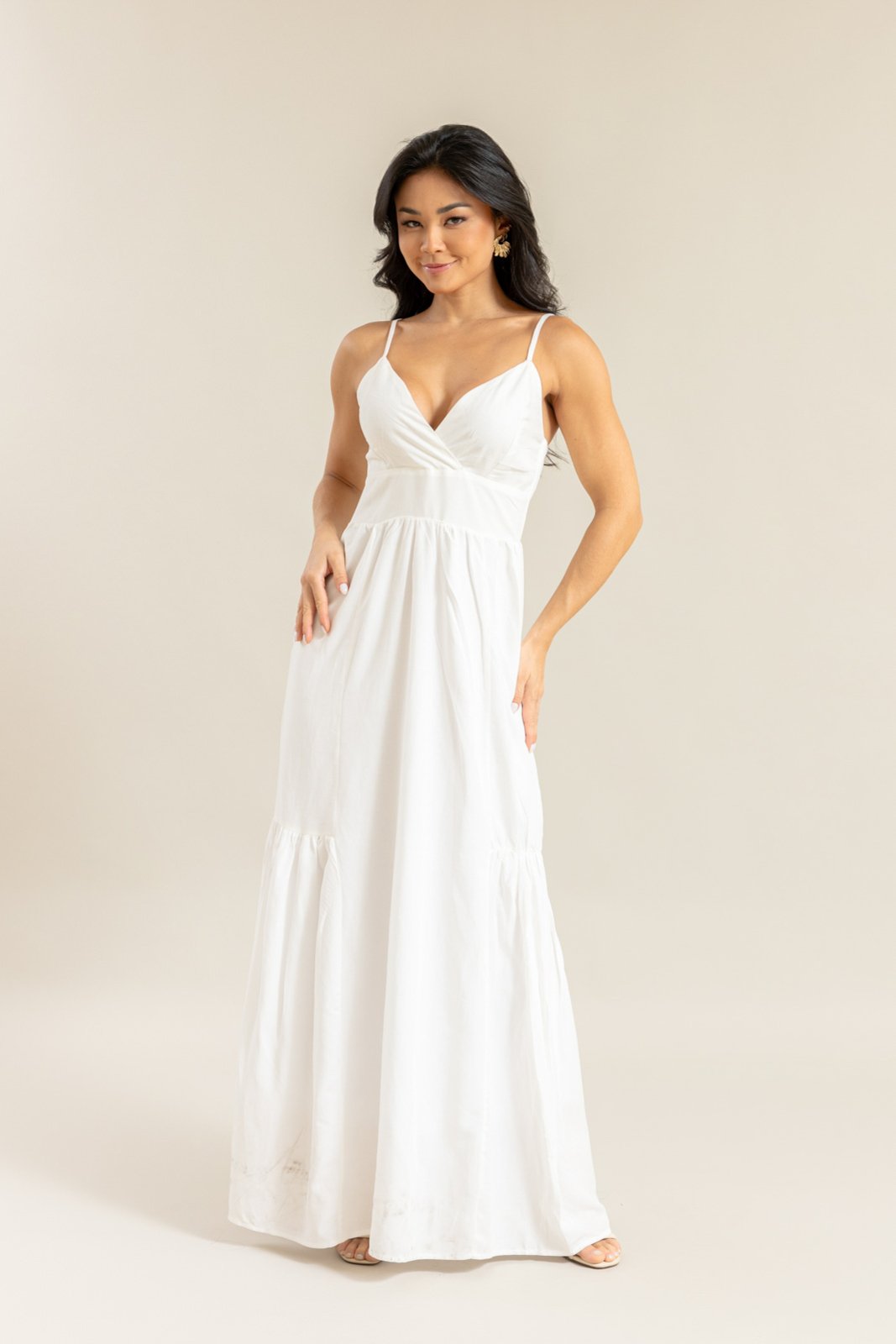 Vestido Longo em Linho Alças Finas Off White Lemier Collection