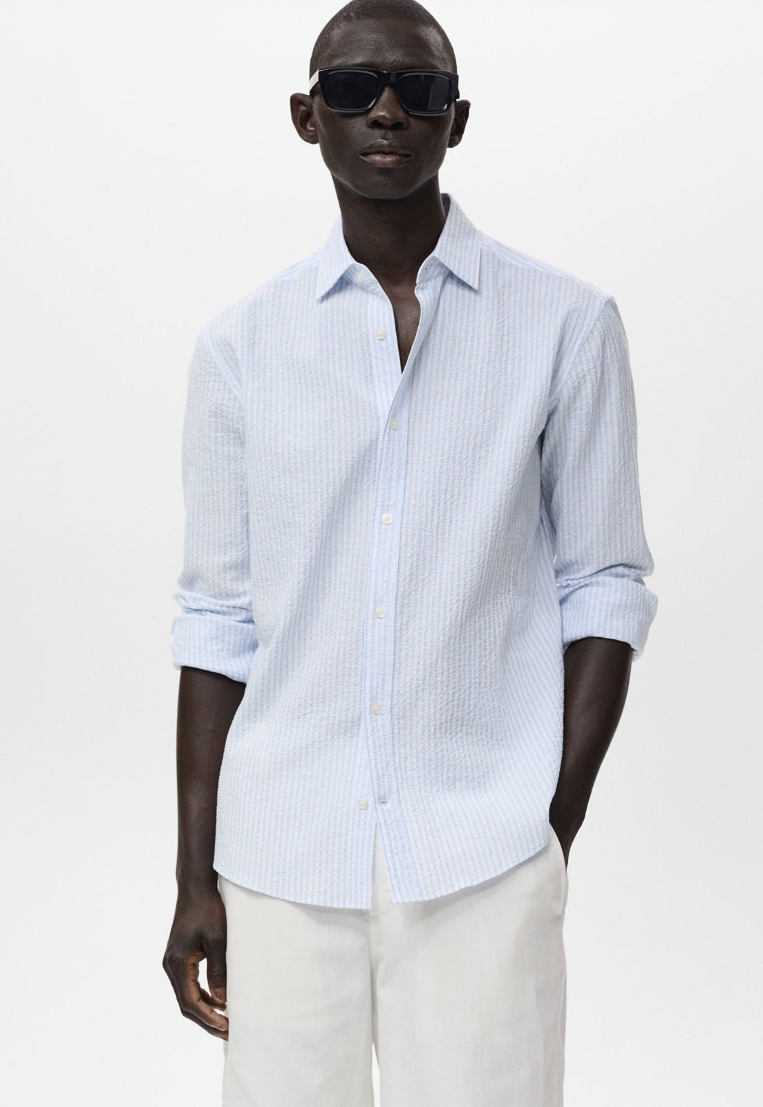 Camisa Masculina Mango Kissos Listrada Azul Claro