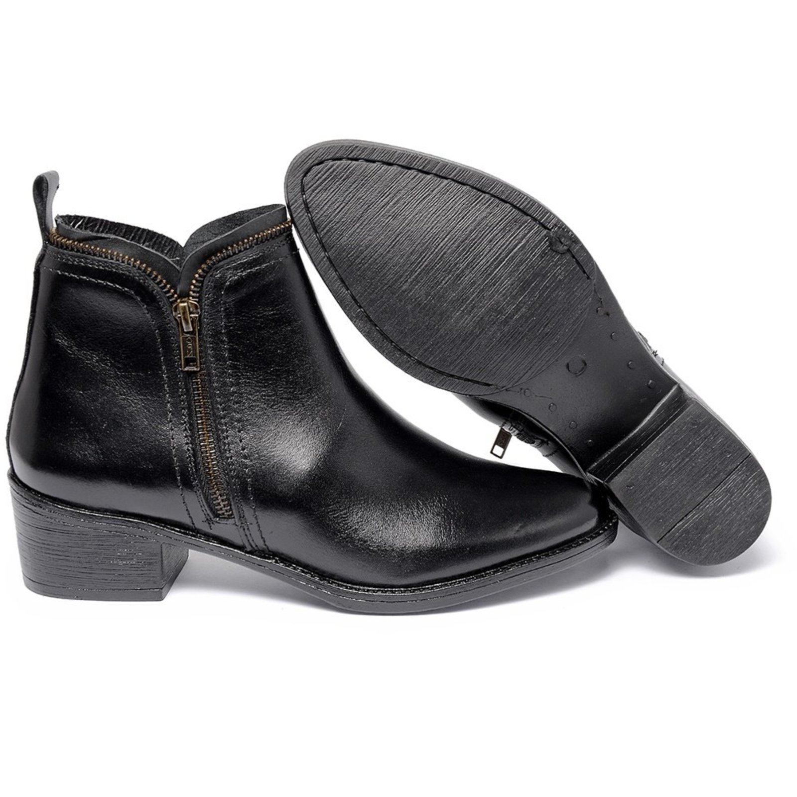 Bota Cano Baixo de Couro Lançamento Com Ziper Lateral Cor Preto