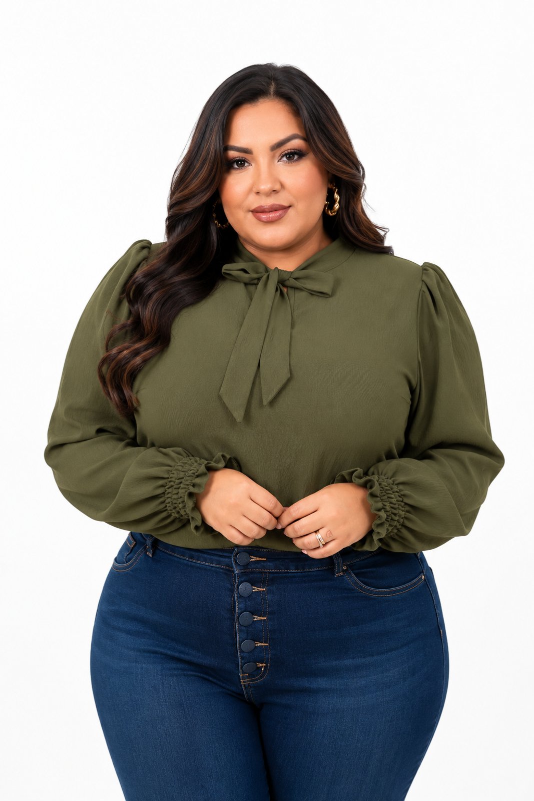 Blusa Plus Size D Bell Outlet Fashion Laço Verde Oliva