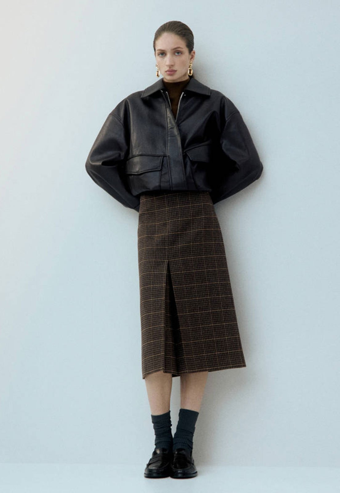 Saia Feminina Mango Midi Xadrez Marrom