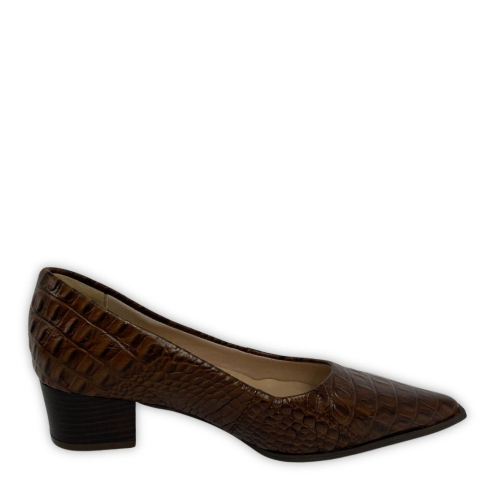Vista 2 Scarpin Bico Fino Com Vira em Couro Salto Grosso 4 CM Croco Spinelli marrom Spinelli marrom