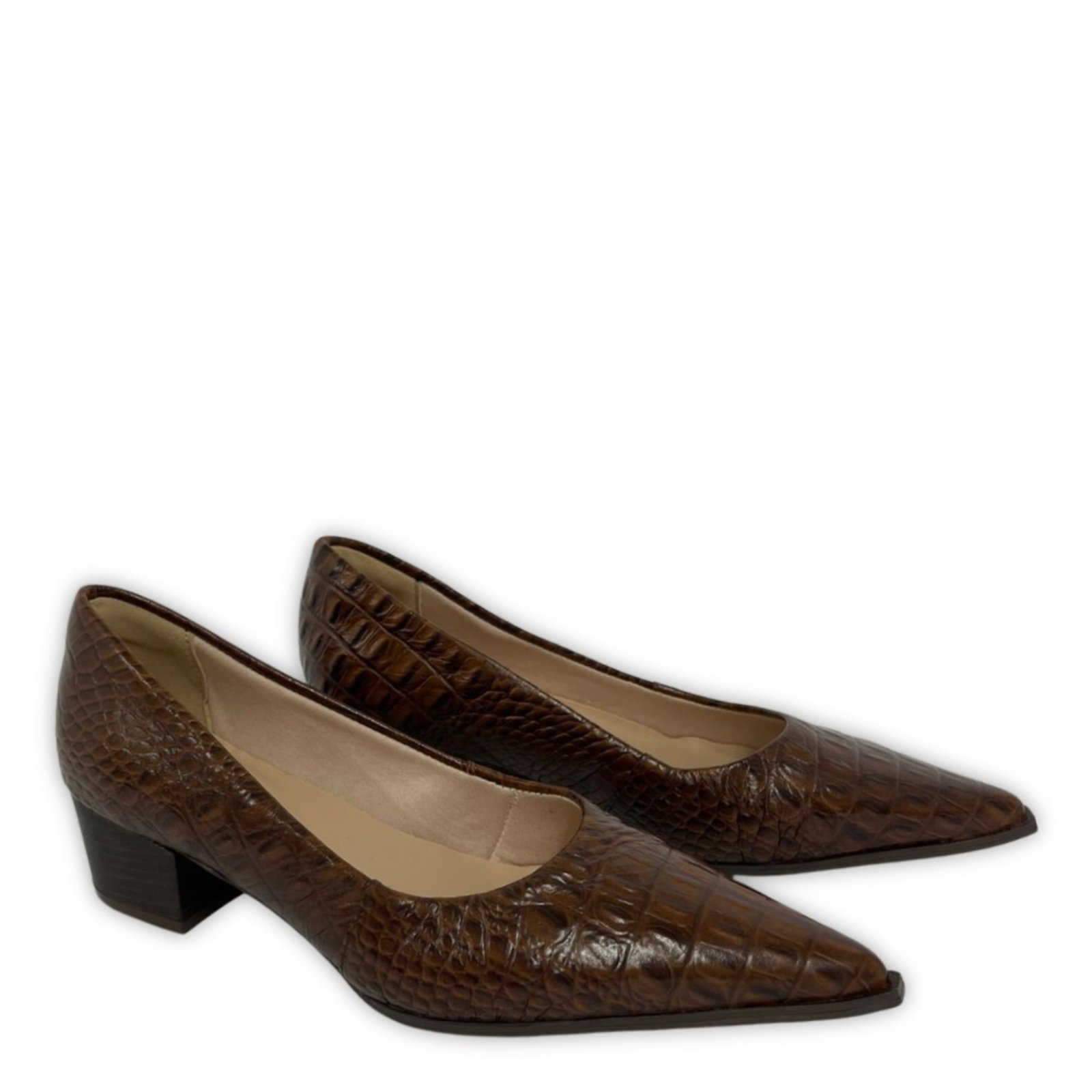 Vista 3 Scarpin Bico Fino Com Vira em Couro Salto Grosso 4 CM Croco Spinelli marrom Spinelli marrom