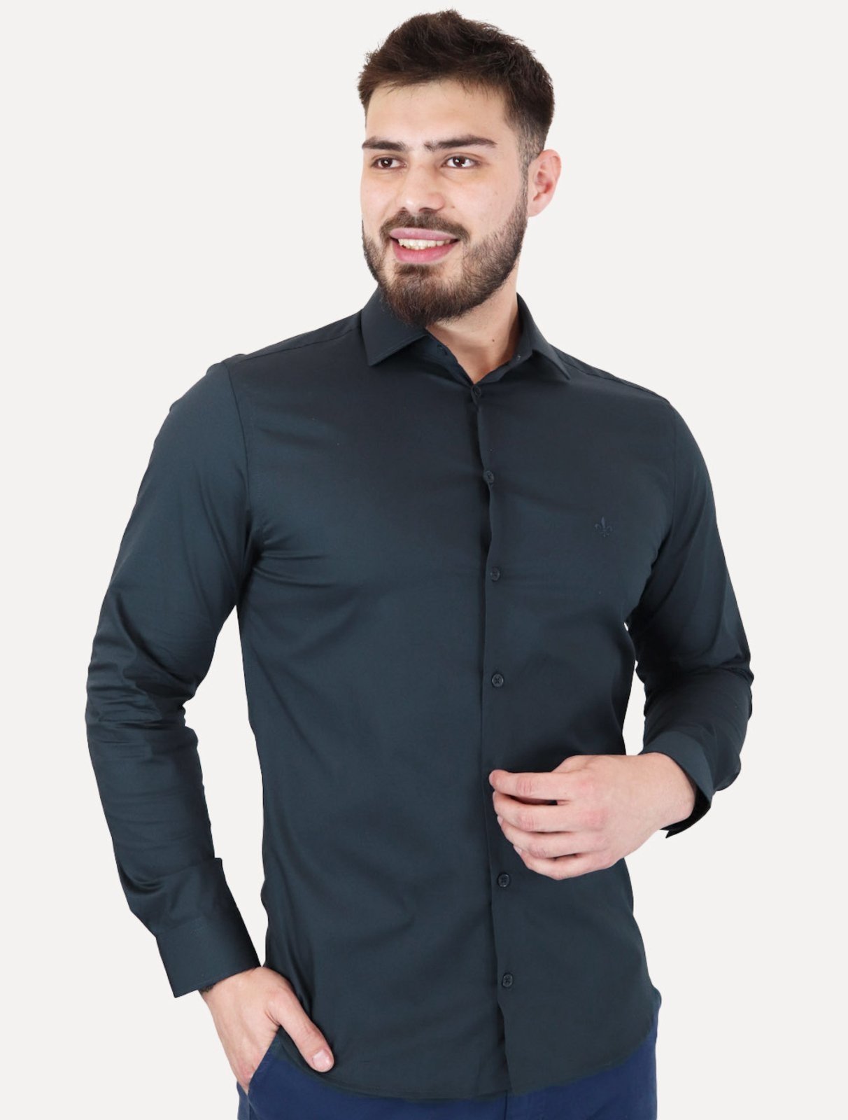 Camisa Dudalina Masculina Milano Tricoline Lisa Stretch Azul Marinho