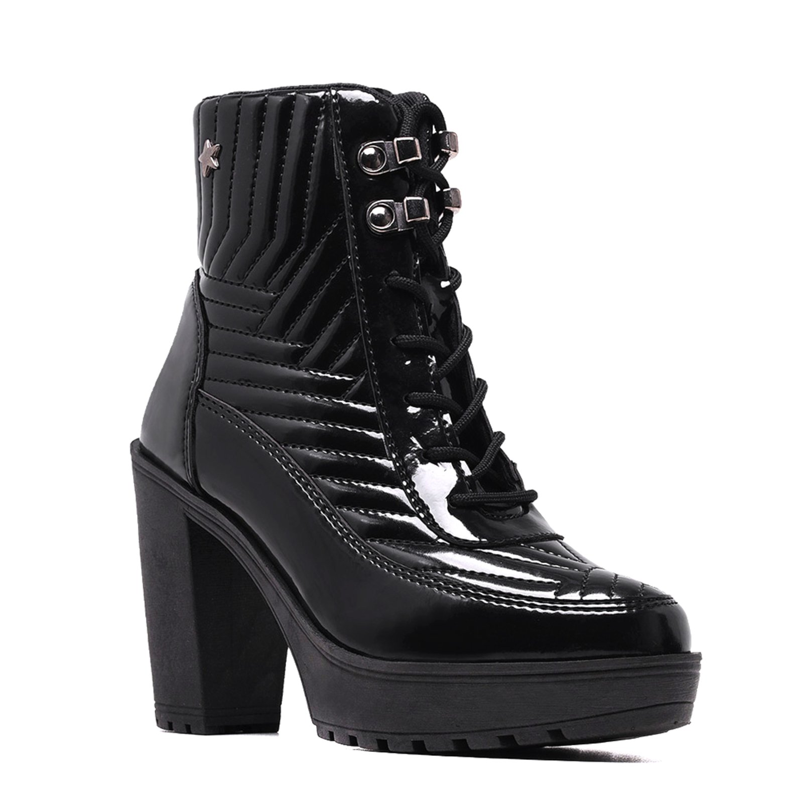 Bota Coturno Feminino Verniz Wit Shoes Salto Grosso Alto Tratorado Preto