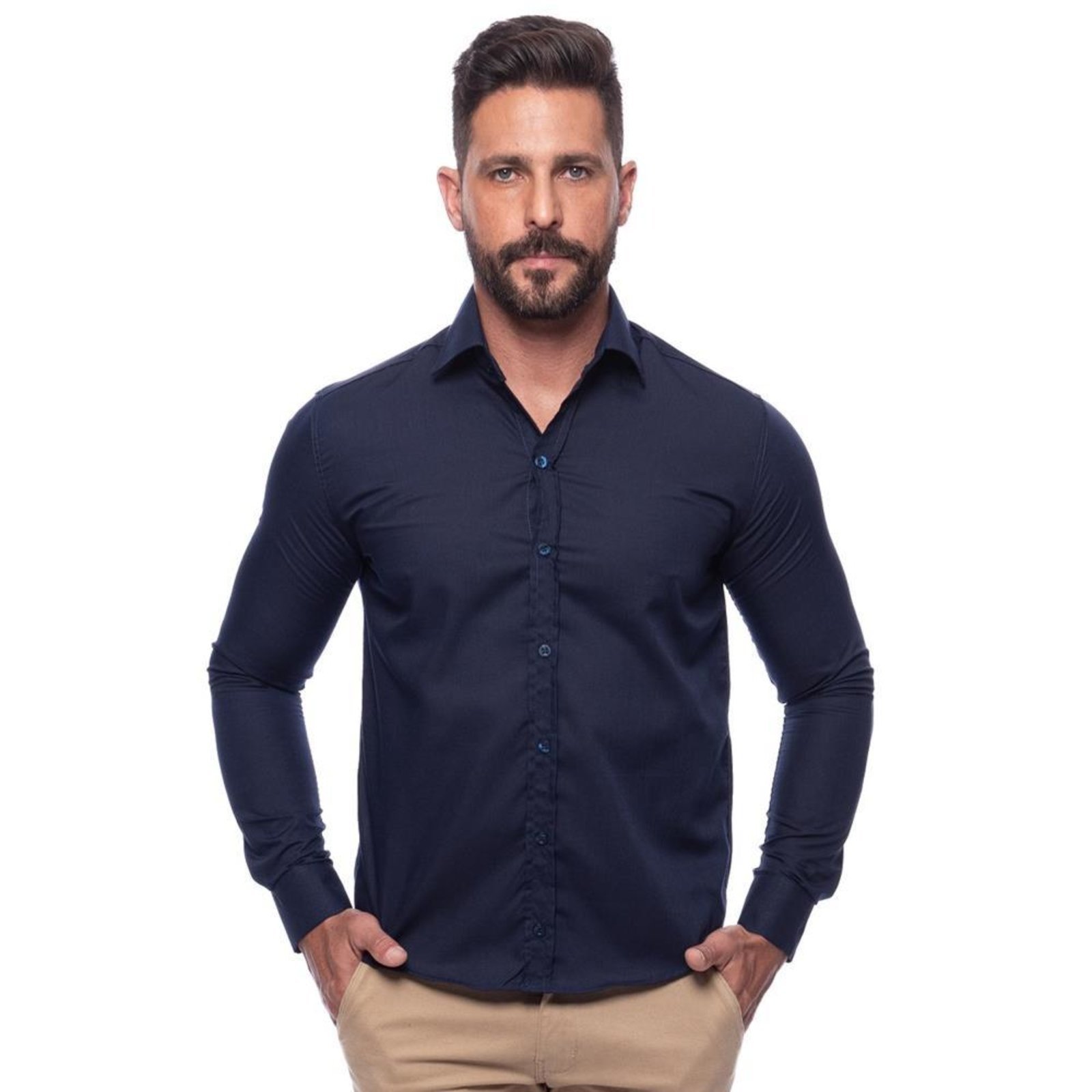Camisa Social Masculina Slim Manga Longa Lisa Não Amassa Amarelo G Azul Marinho