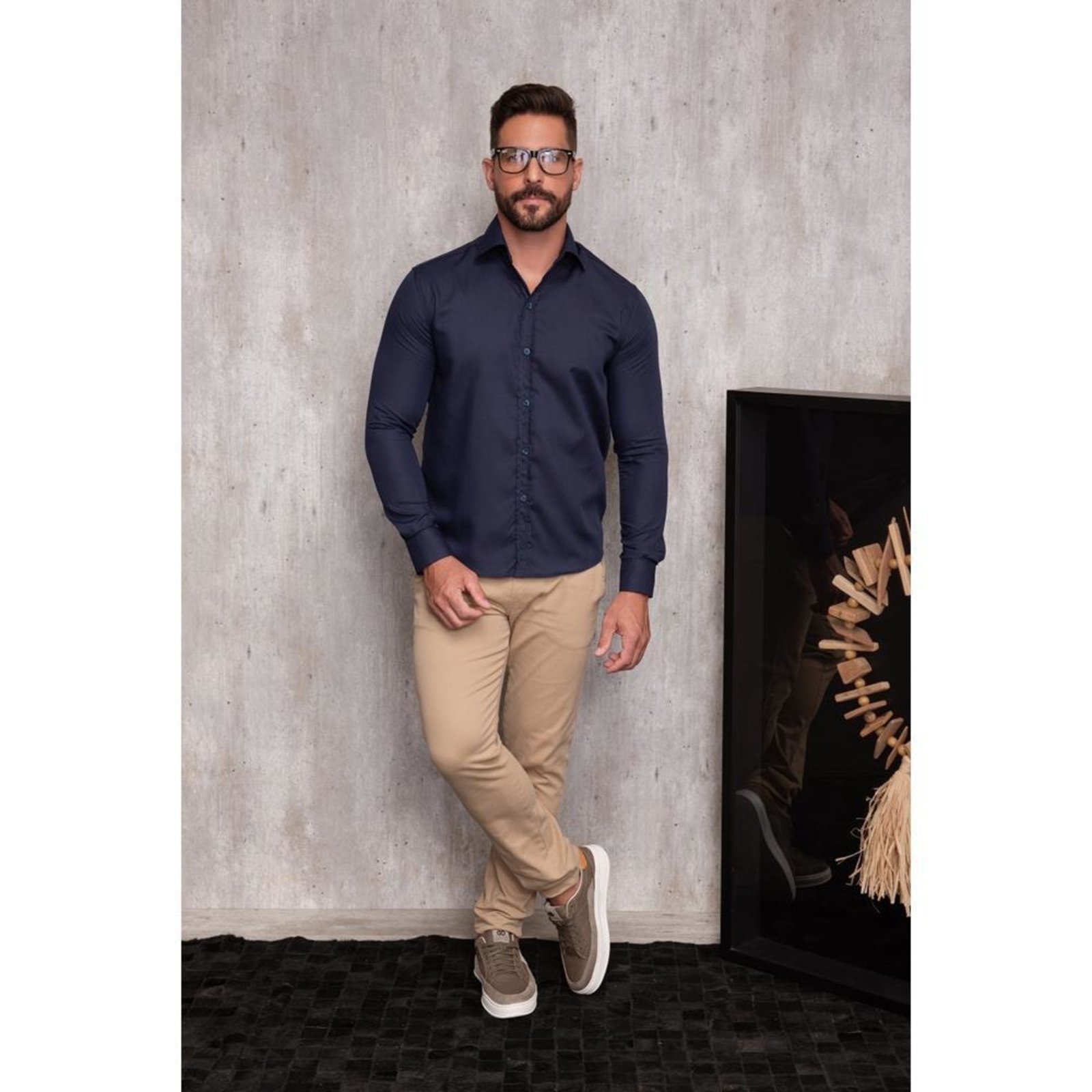 Vista 3 Camisa Social Masculina Slim Manga Longa Lisa Não Amassa Amarelo G TEODORO CAMISARIA azul marinho TEODORO CAMISARIA azul marinho