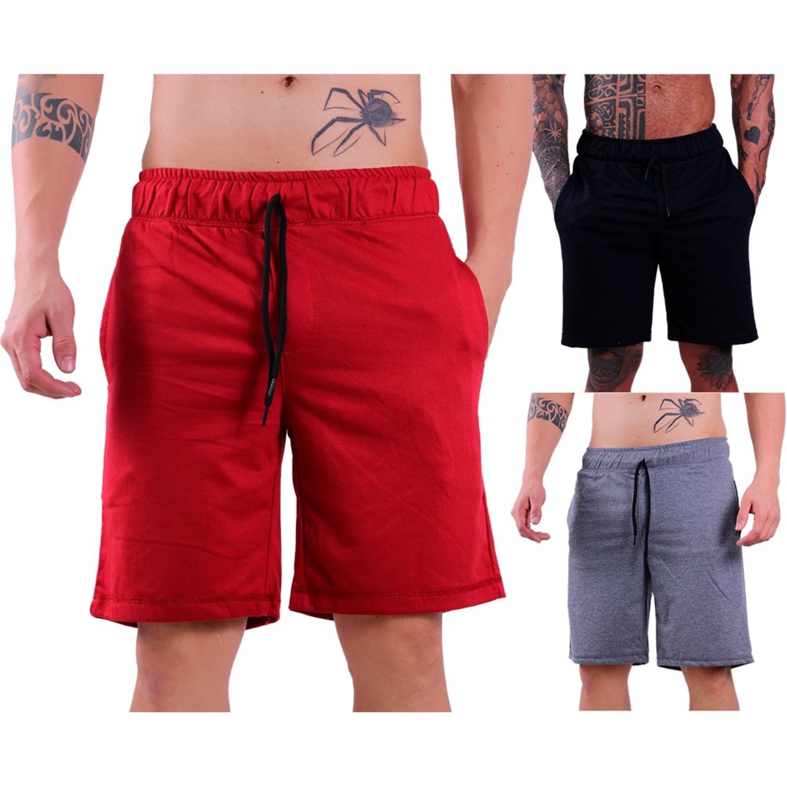 Kit 3 Bermuda Moletom e Moletinho MXD Conceito Academia Musculação Preto, Mescla Escuro e Vermelho Vivo