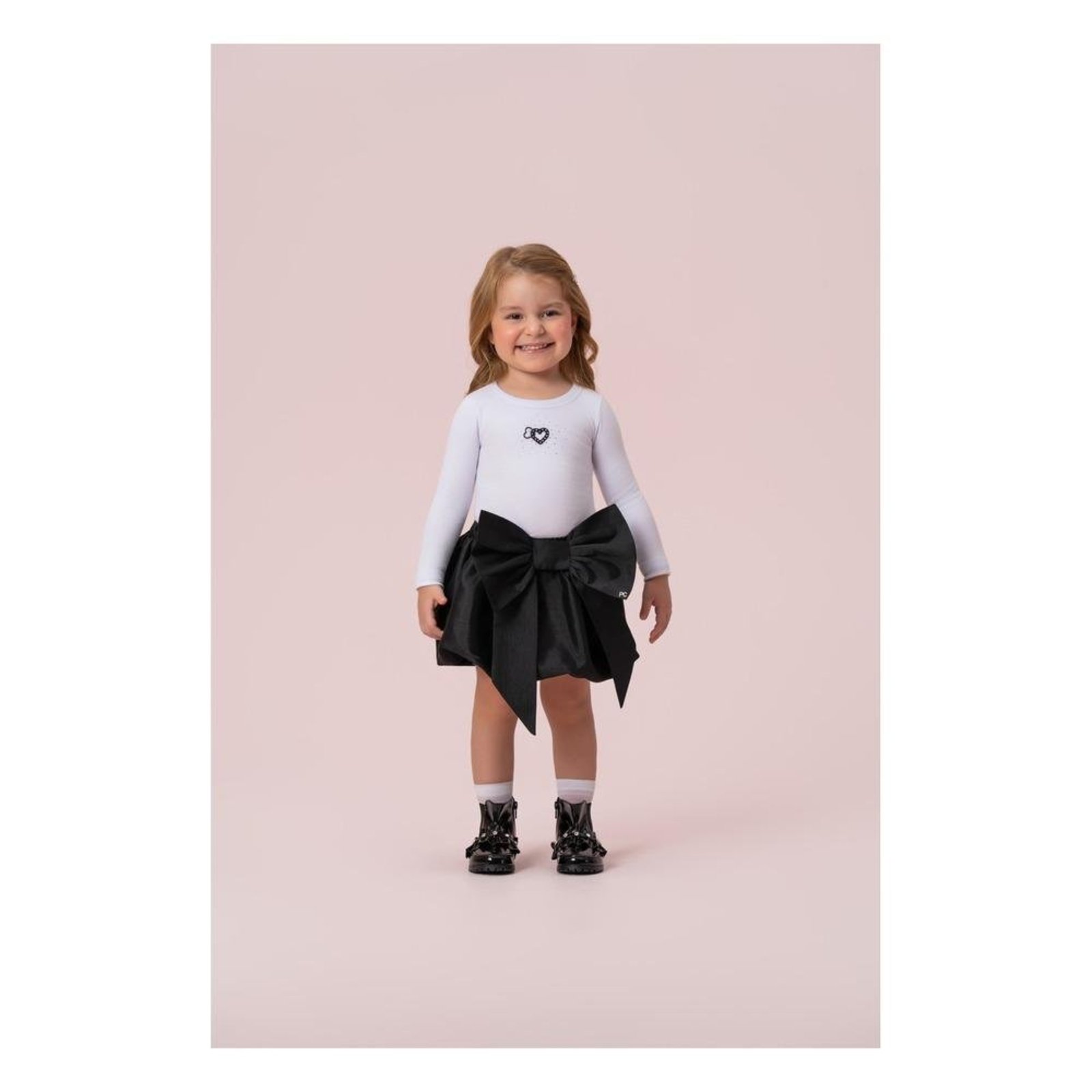 Infantil - CONJUNTO BLUSA MANGA LONGA CANELADA COM SAIA BALONÊ COM LAÇO APLICADO PETIT CHERIE 10 Branco