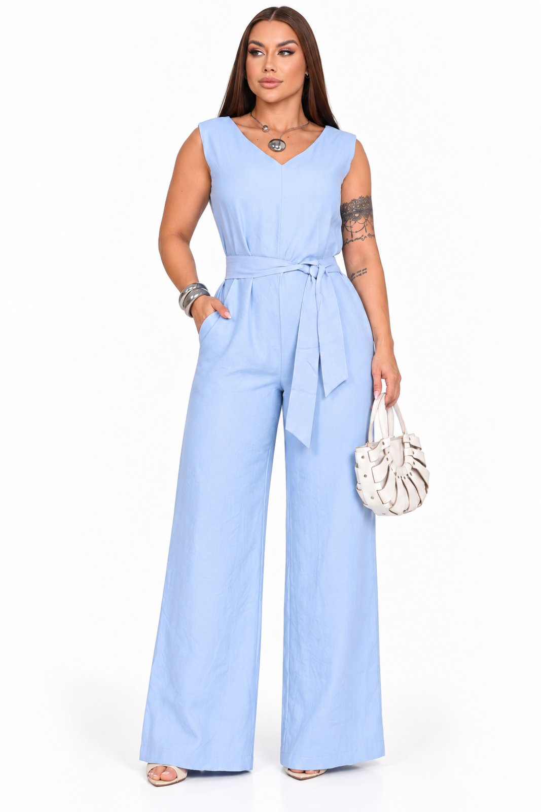 Macacão Pantalona em Linho D Bell Outlet Fashion Azul