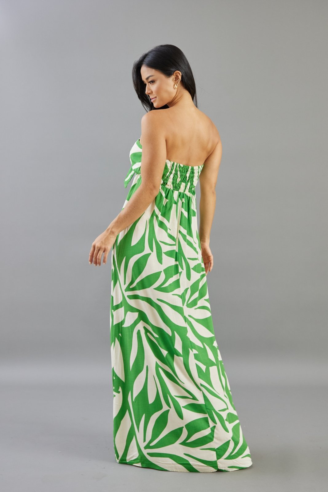 Vista 3 Vestido Longo Lemier Collection Soltinho Estampa de Folhagem Alça Removível verde LEMIER verde